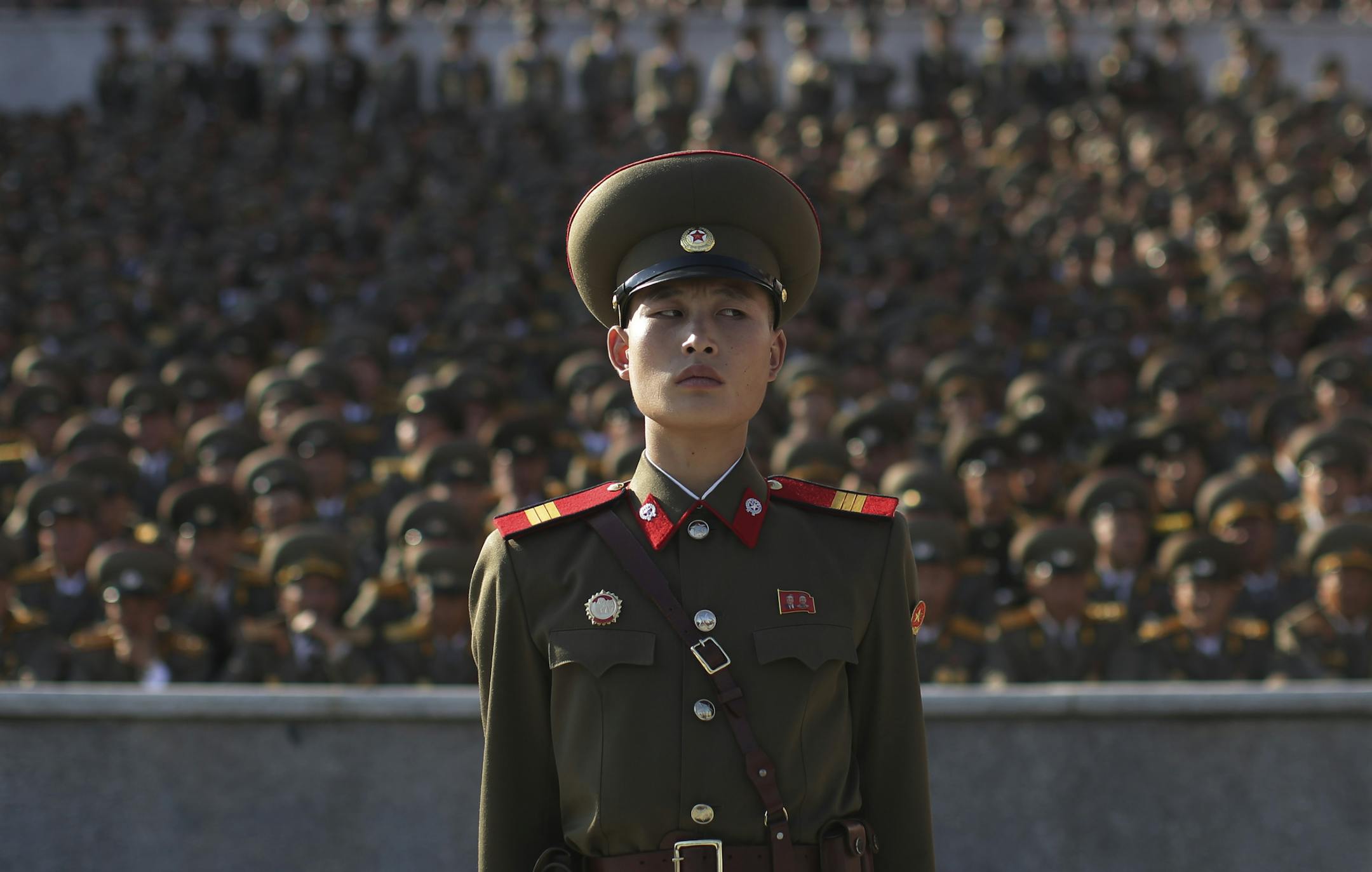 A soldier stands at a parade in Pyongyang, North Korea, Saturday, Oct. 10, 2015. North Korean leader Kim Jong Un declared Saturday that his country was ready to stand up to any threat posed by the United States as he spoke at a lavish military parade to mark the 70th anniversary of the North's ruling party and trumpet his third-generation leadership. (AP Photo/Wong Maye-E)