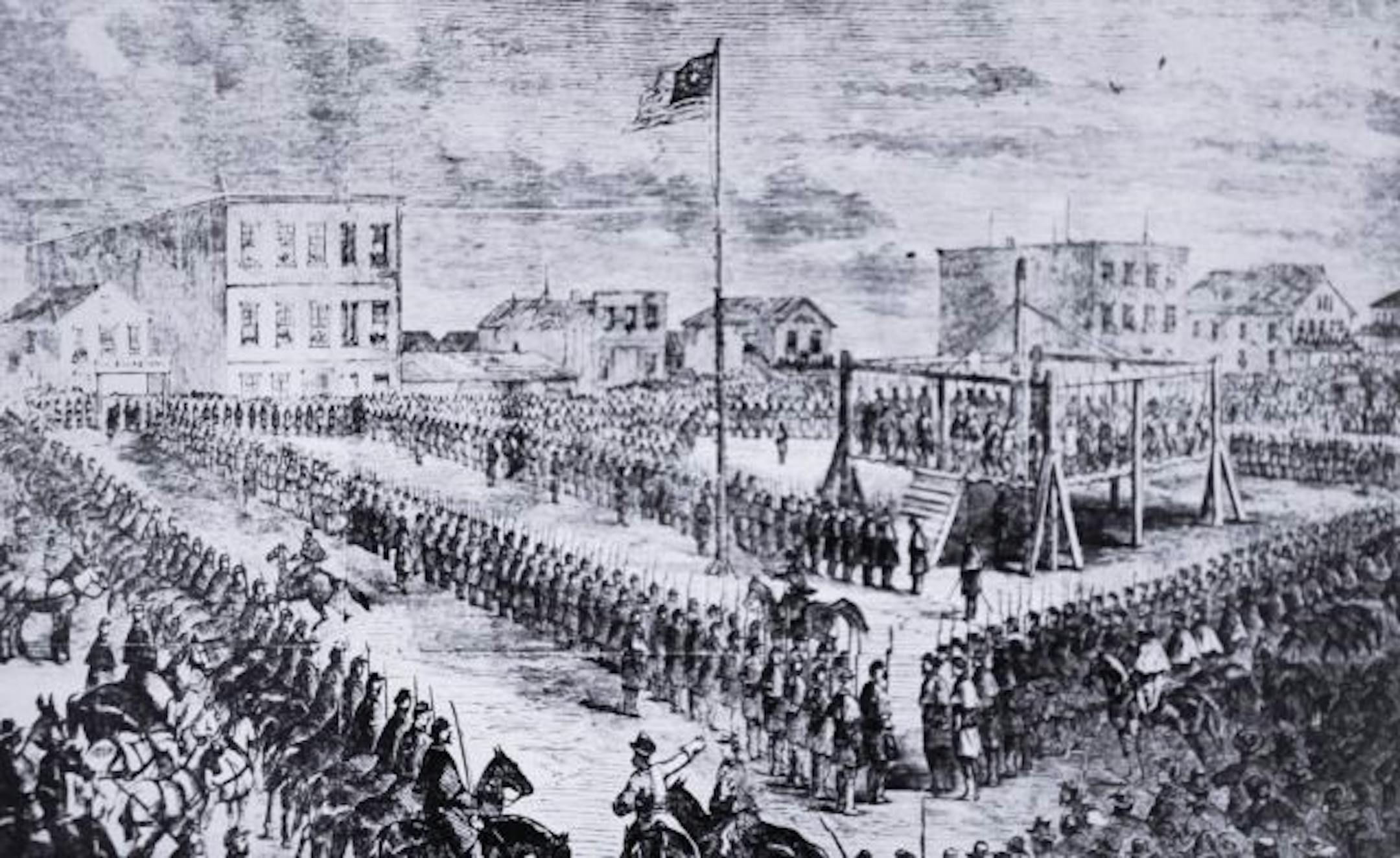 This is a copy of lithograph of 38 Sioux hung in December 1862 in Mankato. Minnesota Historical Society. // The hanging of 38 Sioux in Mankato, Minnesota, Dec. 26, 1862. Drawing by W.H. Childs from Leslie's Illustrated Newspaper. // Star Tribune article, Sunday April 22, 2007, about Native American Indians suing for rights to casino profits // gambling // Dakota Conflict or Sioux Uprising of 1862 // Trail of Tears memorial horseback ride // wolfchild //