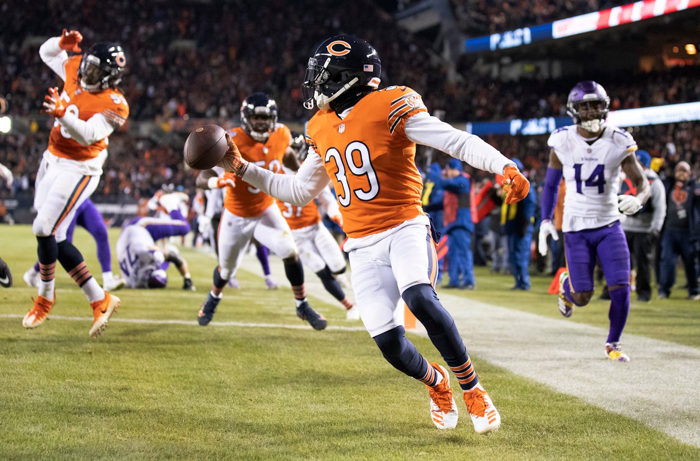 Chicago Bears free safety Eddie Jackson scored a touchdown after intercepting the ball in the fourth quarter at Soldier Field