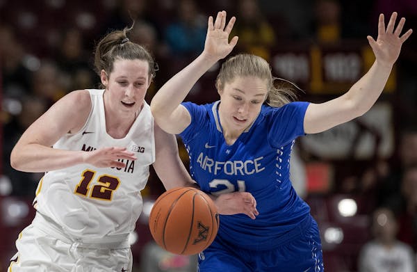 Gophers guard Mercedes Staples (12) was fouled by Michaela McFalls (21) of Air Force in the second quarter on Sunday.