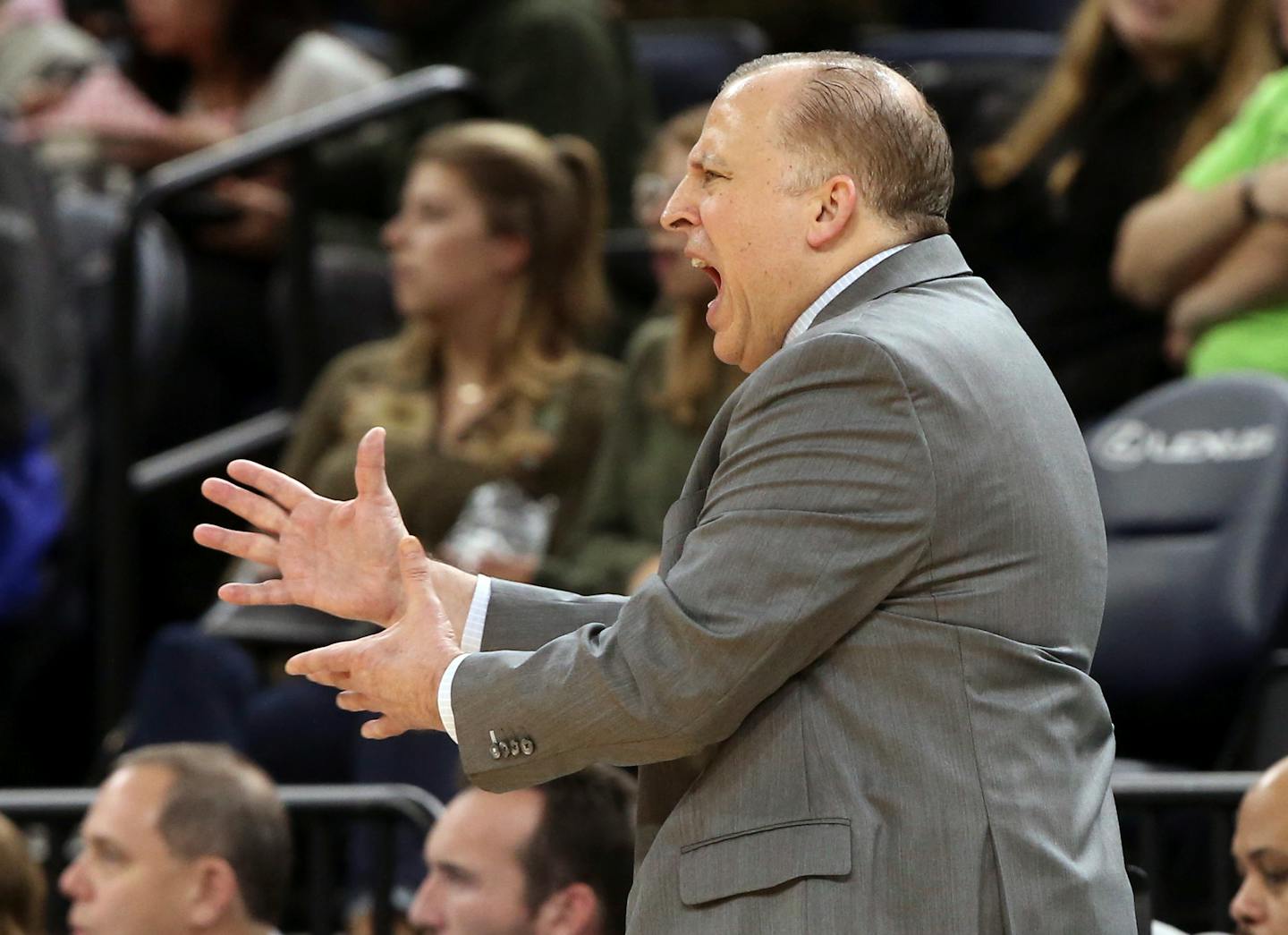 Timberwolves coach Tom Thibodeau reacts to a call Friday night vs. Oklahoma City.