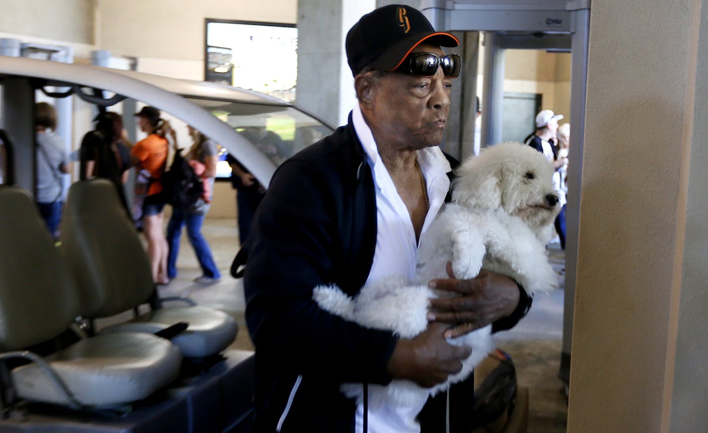 Major league hall of fame player Willie Mays arrived at AT&T Park with his dog "Giant " Sunday May 25, 2014 in San Francisco ,CA. ] Mays a former New York and San Francisco Giants centerfield was elected to the Baseball Hall of Frame in 1979. Jerry Holt Jerry.holt@startribune.com