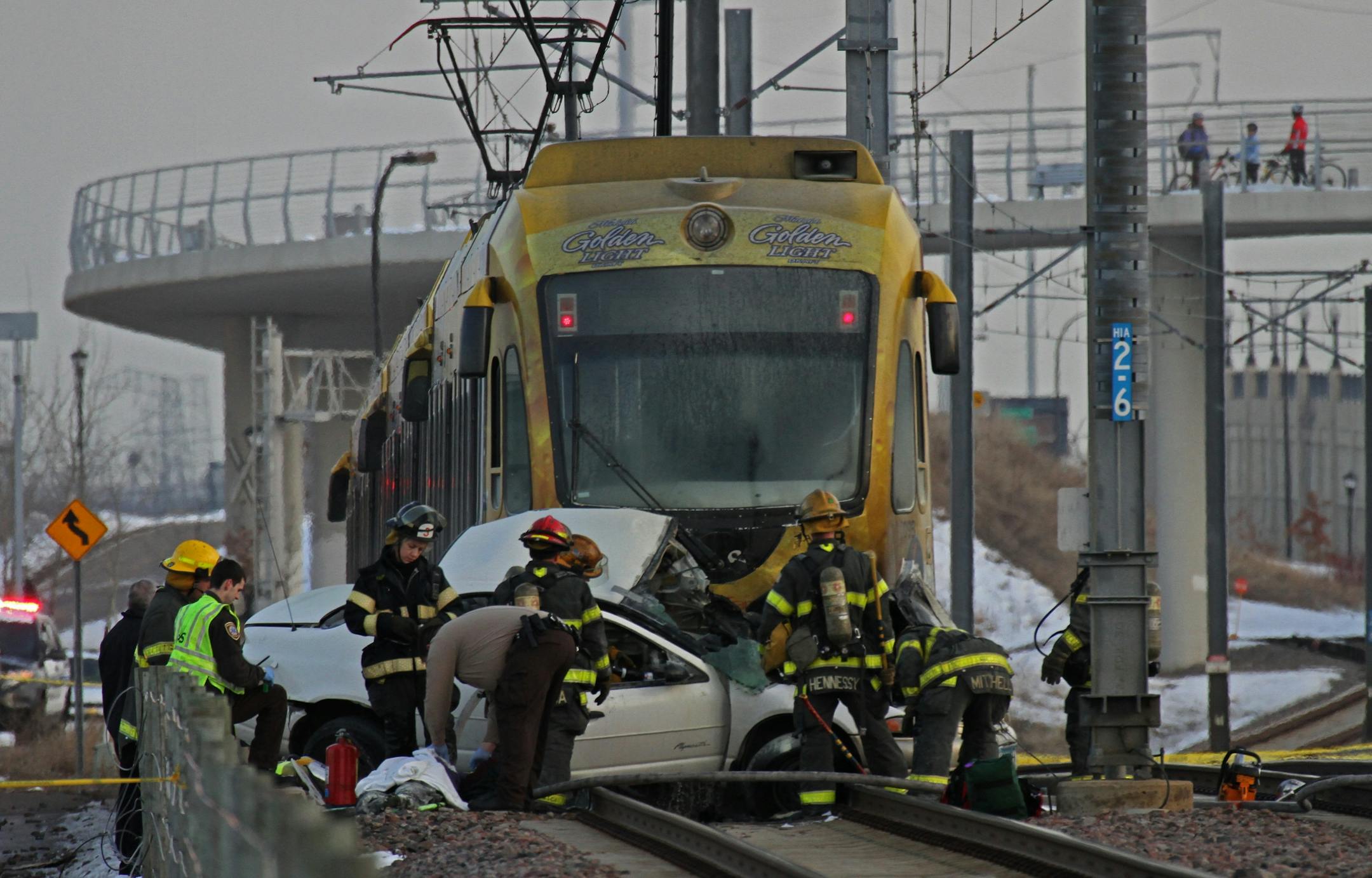 Minneapolis firefighters and paramedics responded to the crash between a small car and a light rail train near the intersection of 26th and Hiawatha.