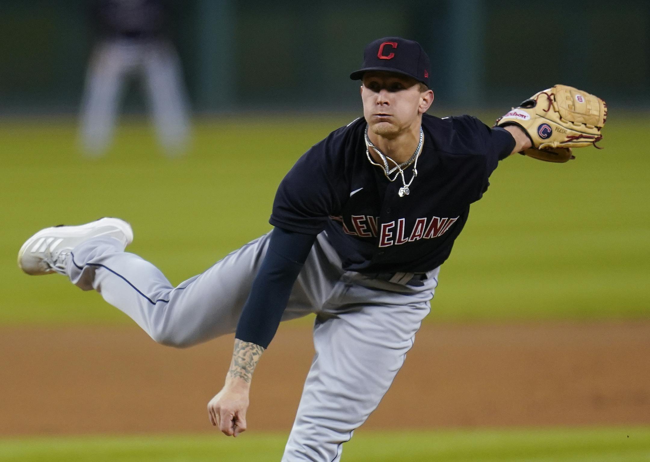 Cleveland Indians pitcher Zach Plesac throws against the Detroit Tigers in the second inning of a baseball game in Detroit, Friday, Sept. 18, 2020. (AP Photo/Paul Sancya)