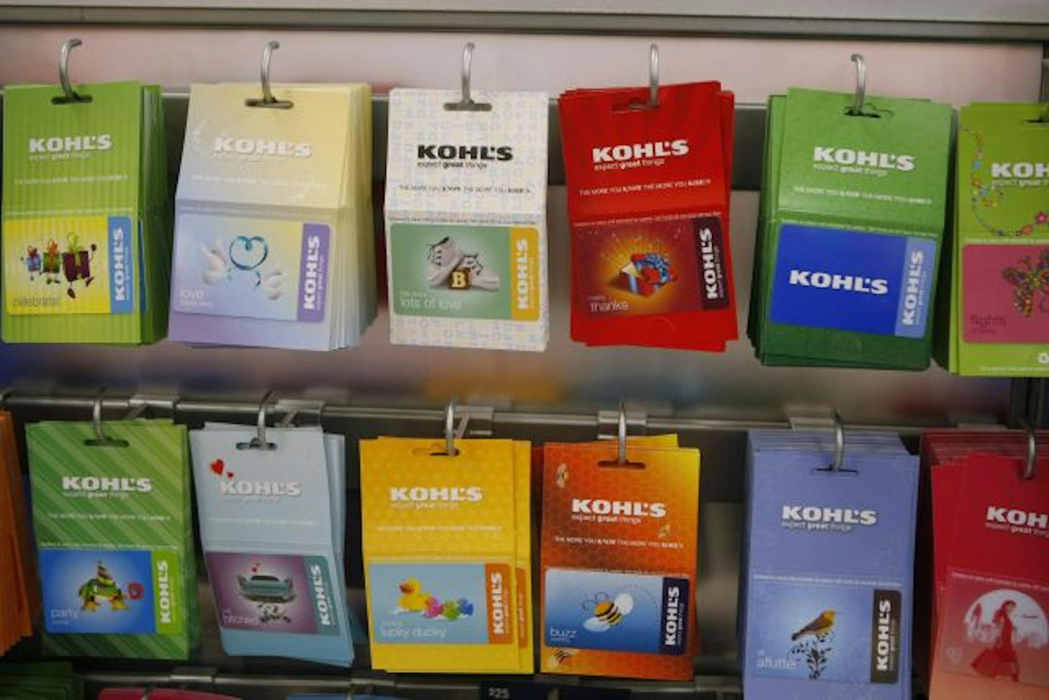 In this May 10, 2010 photo, gift cards are shown on display at a Kohl's store in Millbrae, Calif. Kohl's Corp. said May 13, its first-quarter net income rose 45 percent as shoppers spent more at its stores. It is also raising its full-year guidance.
