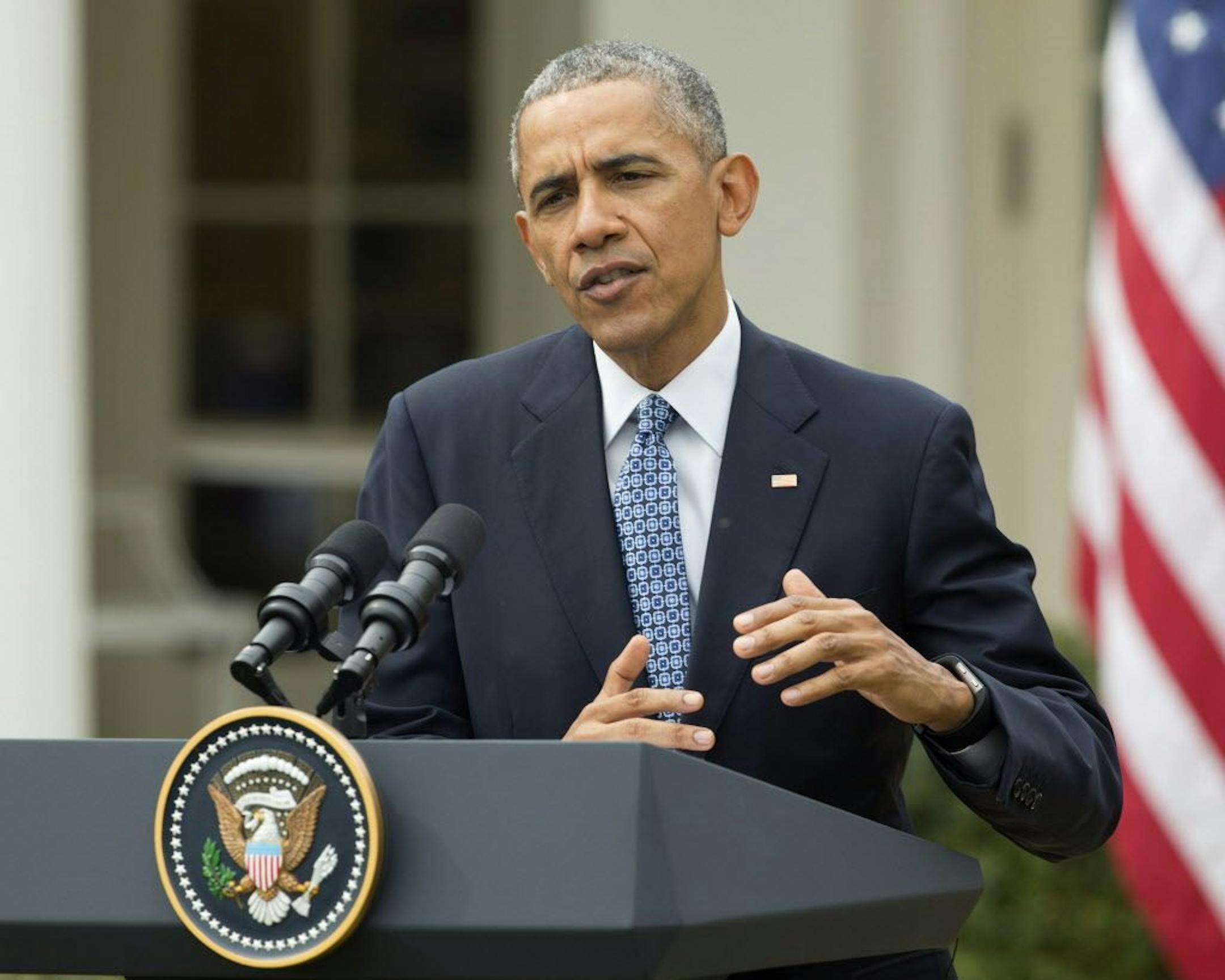 President Barack Obama speak during their joint news conference with Canadian Prime Minister Justin Thursday, March 10, 2016, in the Rose Garden of the White House in Washington.