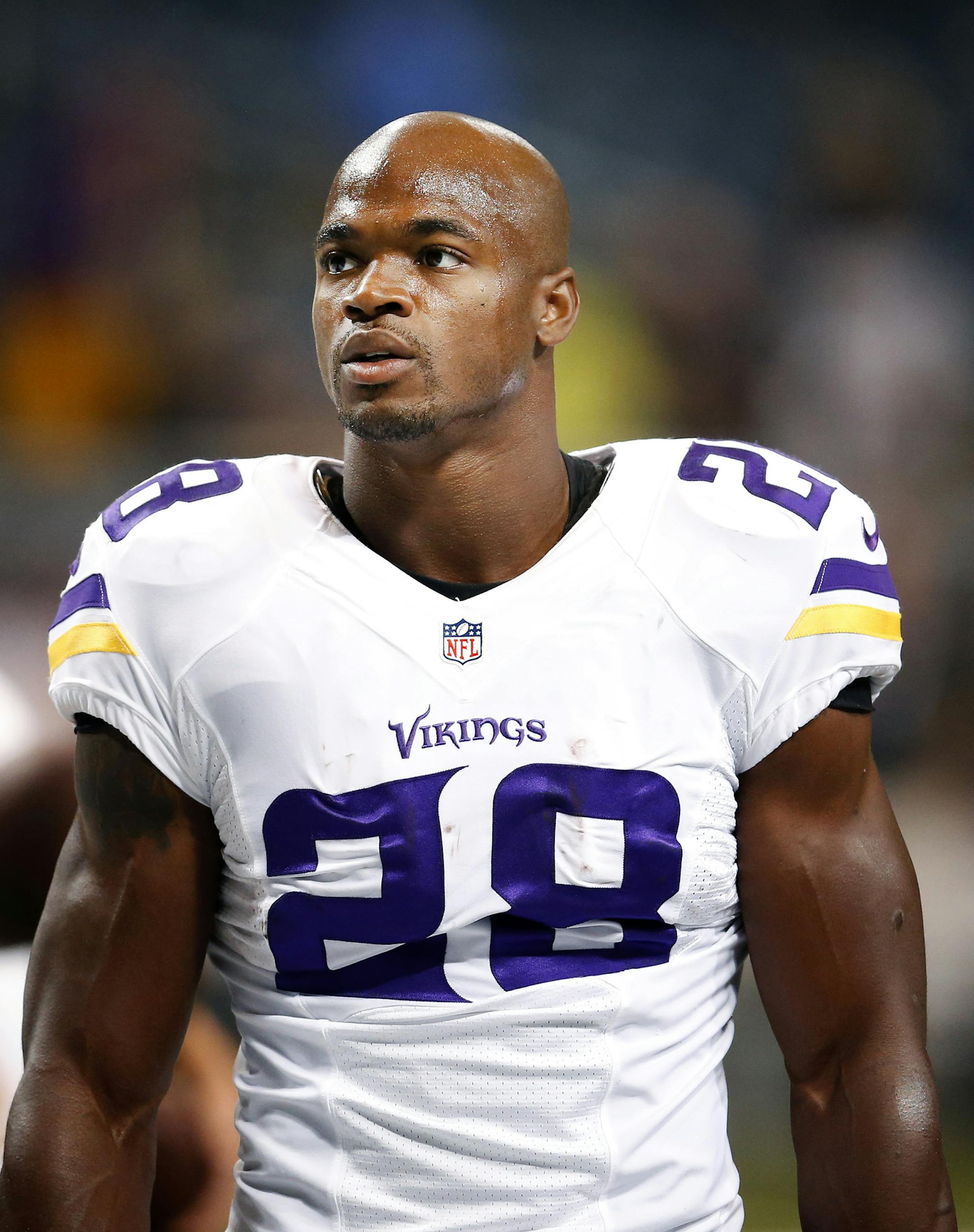 Minnesota Vikings running back Adrian Peterson (28). ] CARLOS GONZALEZ cgonzalez@startribune.com - September 7, 2014, St. Louis, MO, NFL, Edward Jones Dome, Minnesota Vikings vs. St. Louis Rams
