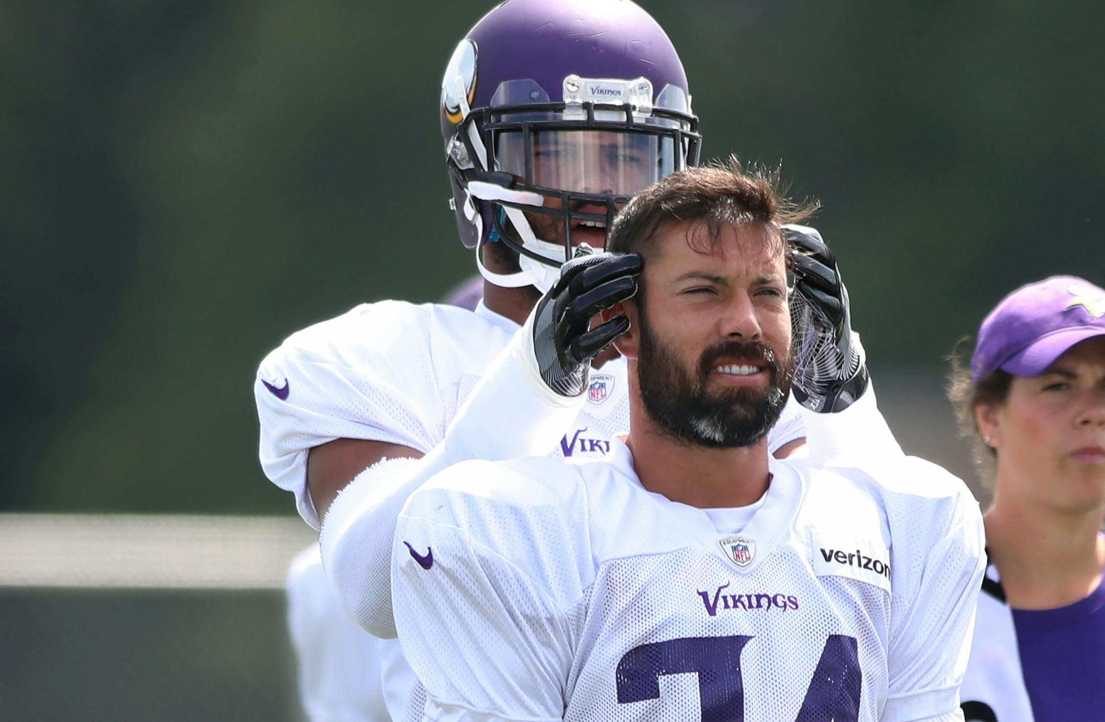 Minnesota Vikings outside linebacker Anthony Barr (55) left put his hands on strong safety Andrew Sendejo (34) head during practice at Minnesota State University, Mankato Monday August 7, 2017 in Mankato, MN.
