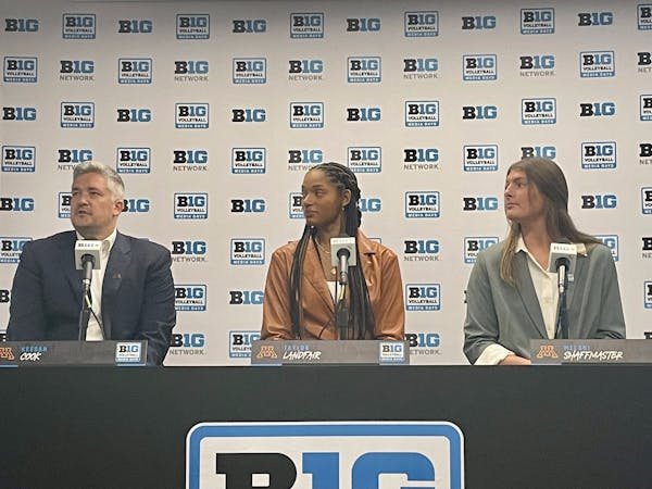 Gophers coach Keegan Cook (left), Taylor Landfair (center) and Melani Shaffmaster (right) took part in Big Ten media days for volleyball on Wednesday 