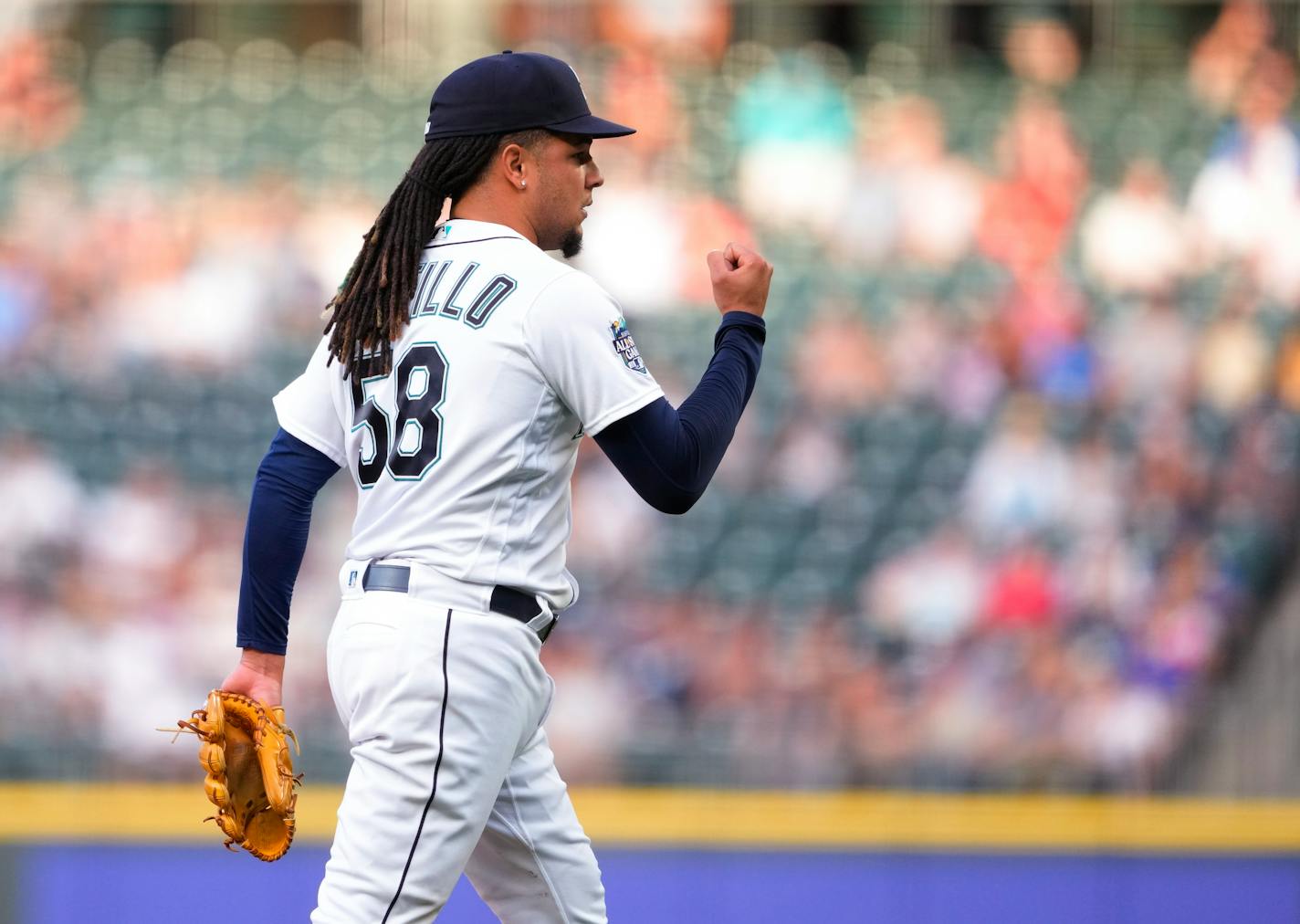 Seattle Mariners starting pitcher Luis Castillo reacts to striking out Minnesota Twins' Ryan Jeffers during the fourth inning of a baseball game Wednesday, July 19, 2023, in Seattle. (AP Photo/Lindsey Wasson)