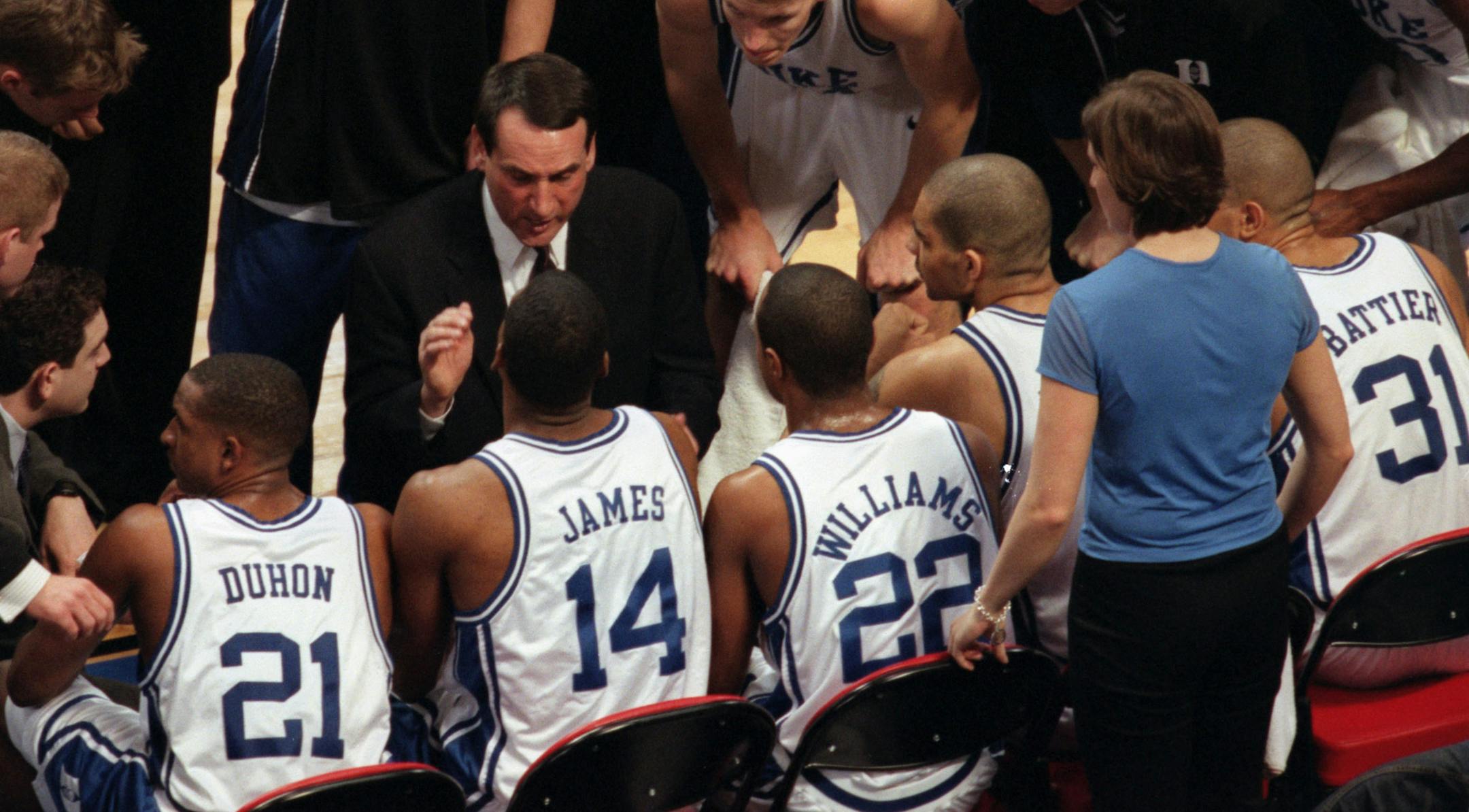Duke Coack Mike Krzyzewski talked to his team during play against Maryland in 2001
