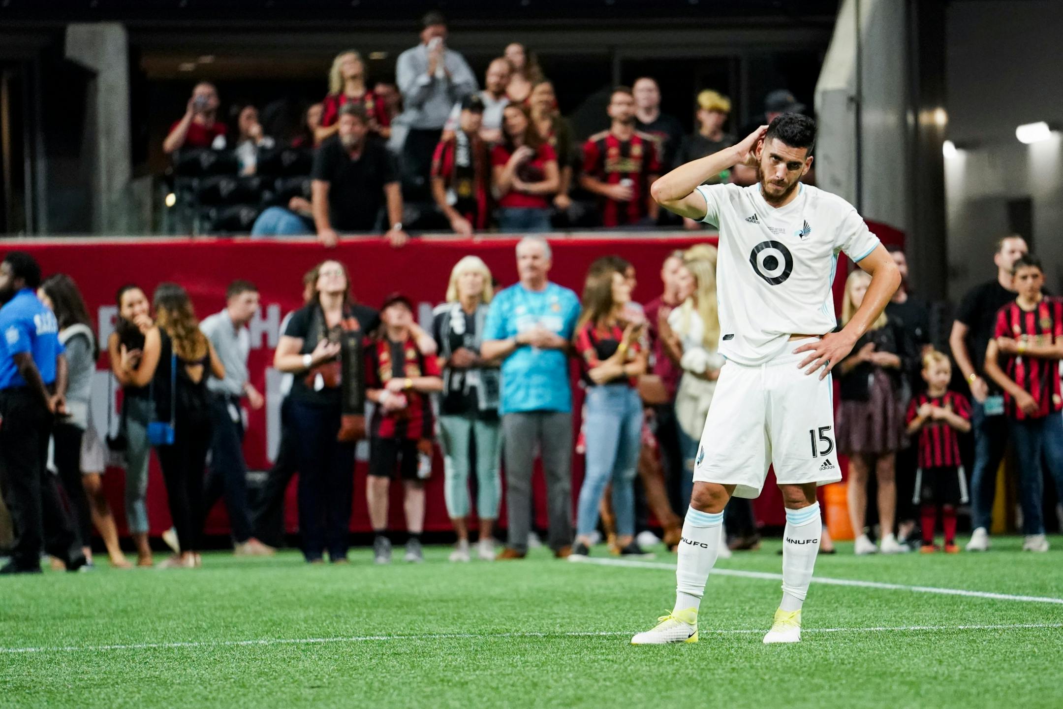 Minnesota United defender Michael Boxall (15) reacts after losing 2-0 to Atlanta United in the U.S. Open Cup at Mercedes-Benz Stadium in Atlanta on Tuesday, Aug. 27, 2019. Photo by Kevin D. Liles for the Star Tribune