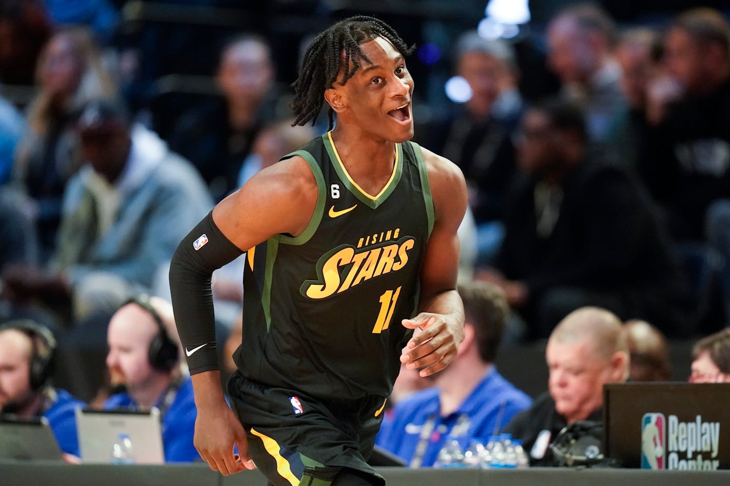 Leonard Miller, of G League Ignite, reacts after a shot during an NBA Rising Stars semifinal game in February.