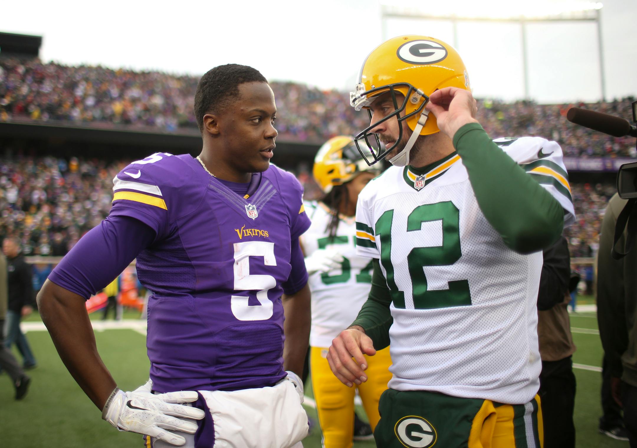 Minnesota Vikings quarterback Teddy Bridgewater and Green Bay Packers quarterback Aaron Rodgers