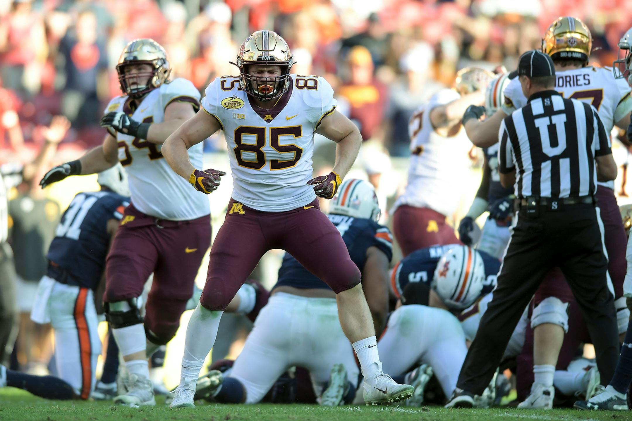 Minnesota Gophers tight end Bryce Witham (85) celebrated as running back Mohamed Ibrahim (24) ran for a first down late in the fourth quarter against the Auburn Tigers.