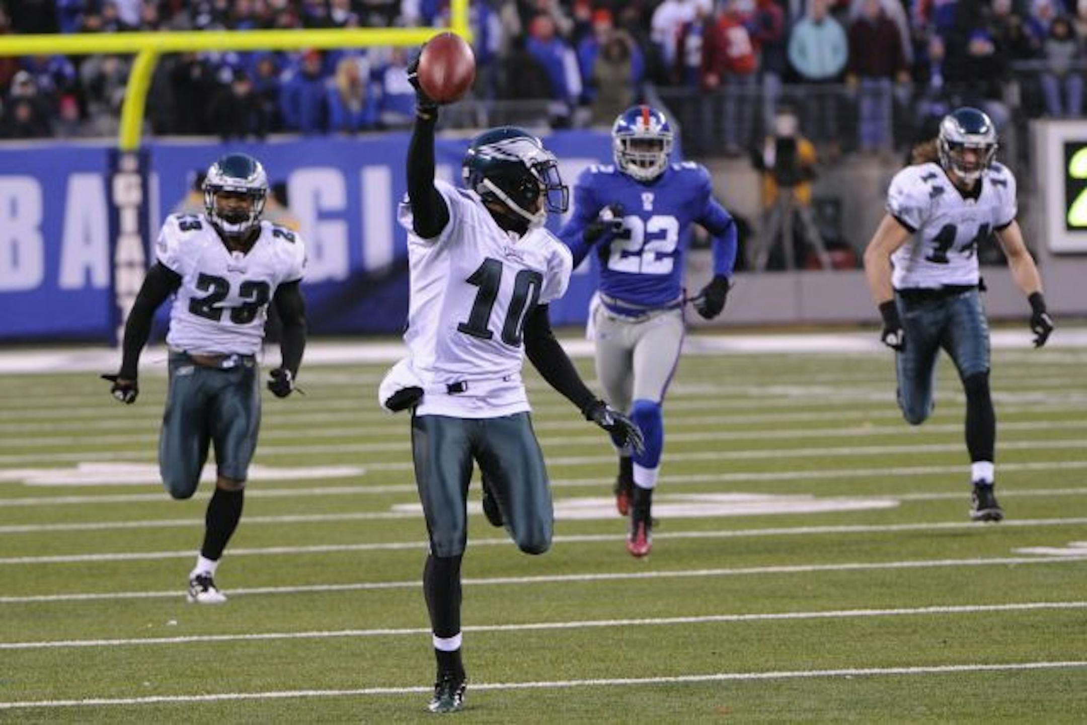 Philadelphia Eagles' DeSean Jackson returns a punt for a touchdown during the fourth quarter of the NFL football game between the Philadelphia Eagles and the New York Giants at New Meadowlands Stadium, Sunday, Dec. 19, 2010, in East Rutherford, N.J. Jackson fielded a punt that was supposed to be kicked out of bounds and scored on an incredible 65-yard return on the final play, giving the Eagles a stunning 38-31 victory.