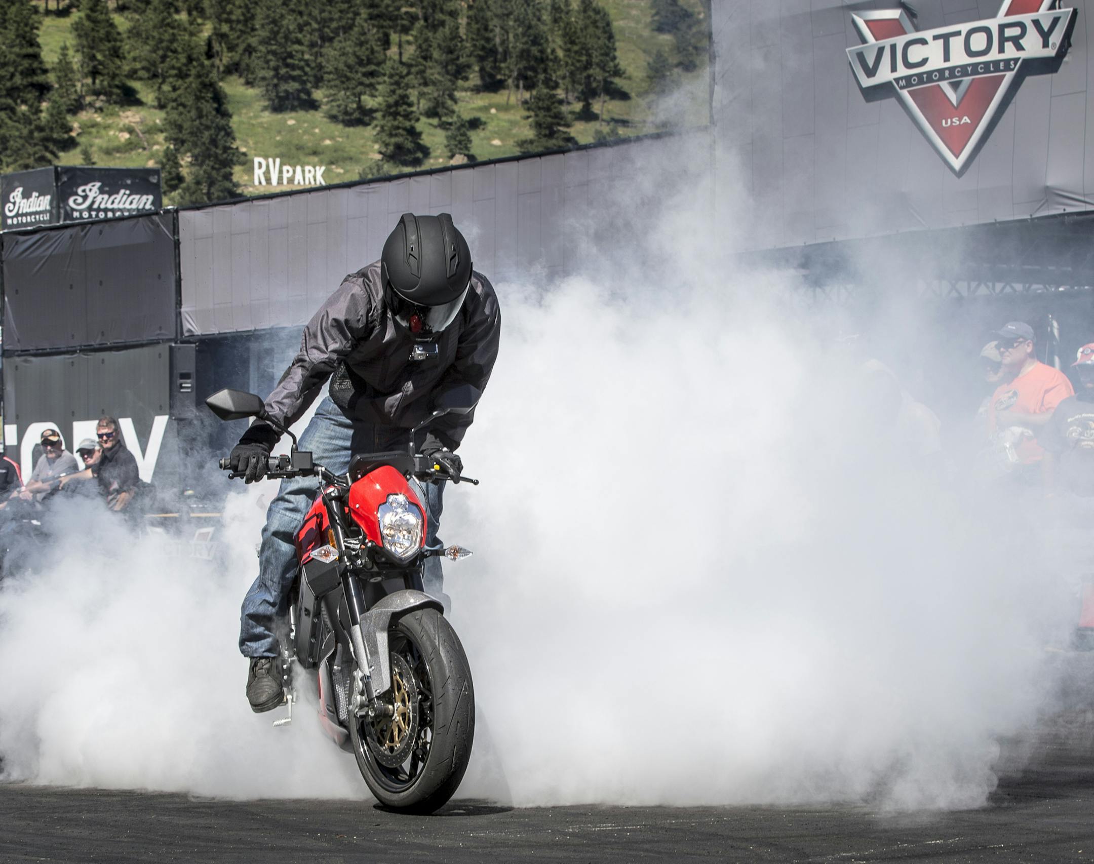 Polaris markets new electric engine motorcycle " Empulse" - demo team perfvorming at Sturgis rally ] photo provided by Polaris