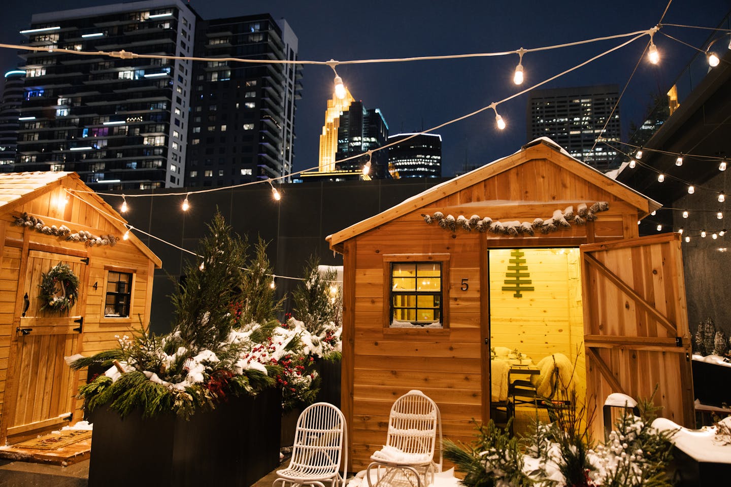 Nordic Village at the Four Seasons' Riva Terrace includes cedar cabins available for four-course dinners, as well as fire tables and a curling lane. Provided