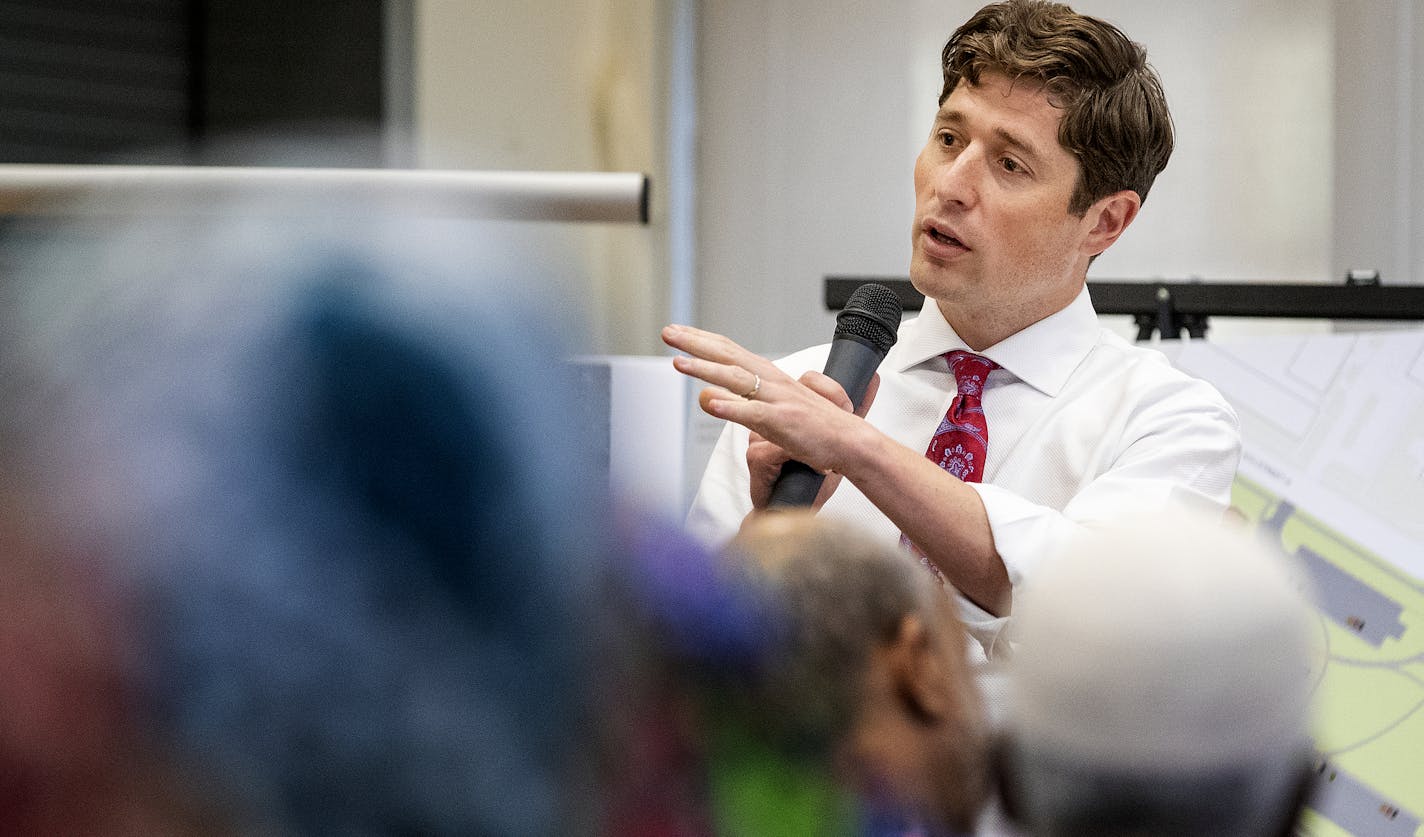 Minneapolis mayor Jacob Frey spoke to residents at the Cedars on Monday evening.