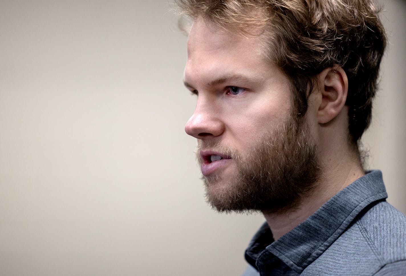 Filip Gustavsson of the Minnesota Wild during an end of season press conference Monday, May 1, 2023, at Xcel Energy Center in St. Paul, Minn. ] CARLOS GONZALEZ • carlos.gonzalez@startribune.com.