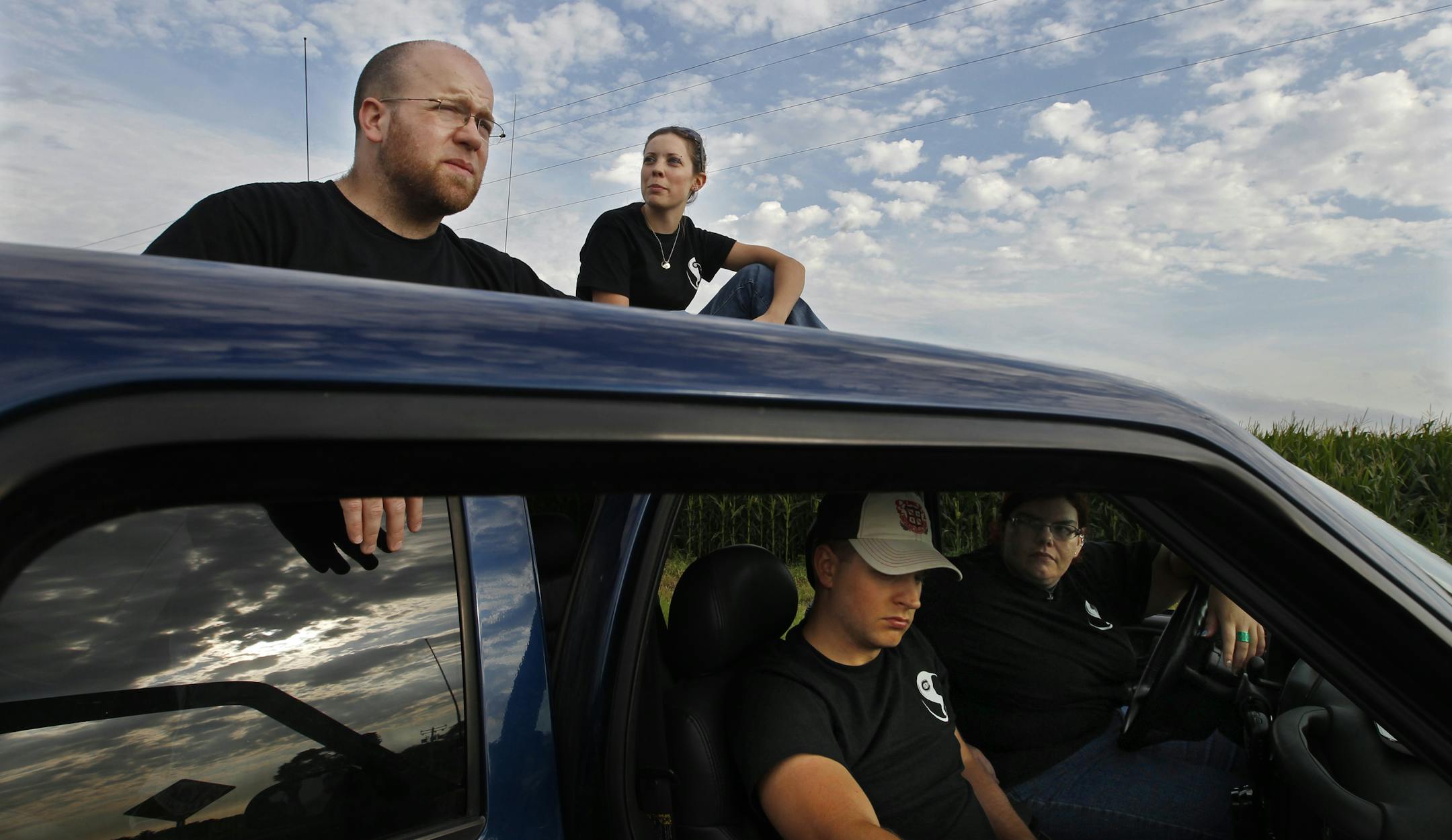 For Barry Windschitl, Katie Klarkowski, Nick Corbett and Kristie Engelhart, left to right, a fun weekend is driving 800 miles or more, for the chance to get close to a tornado.