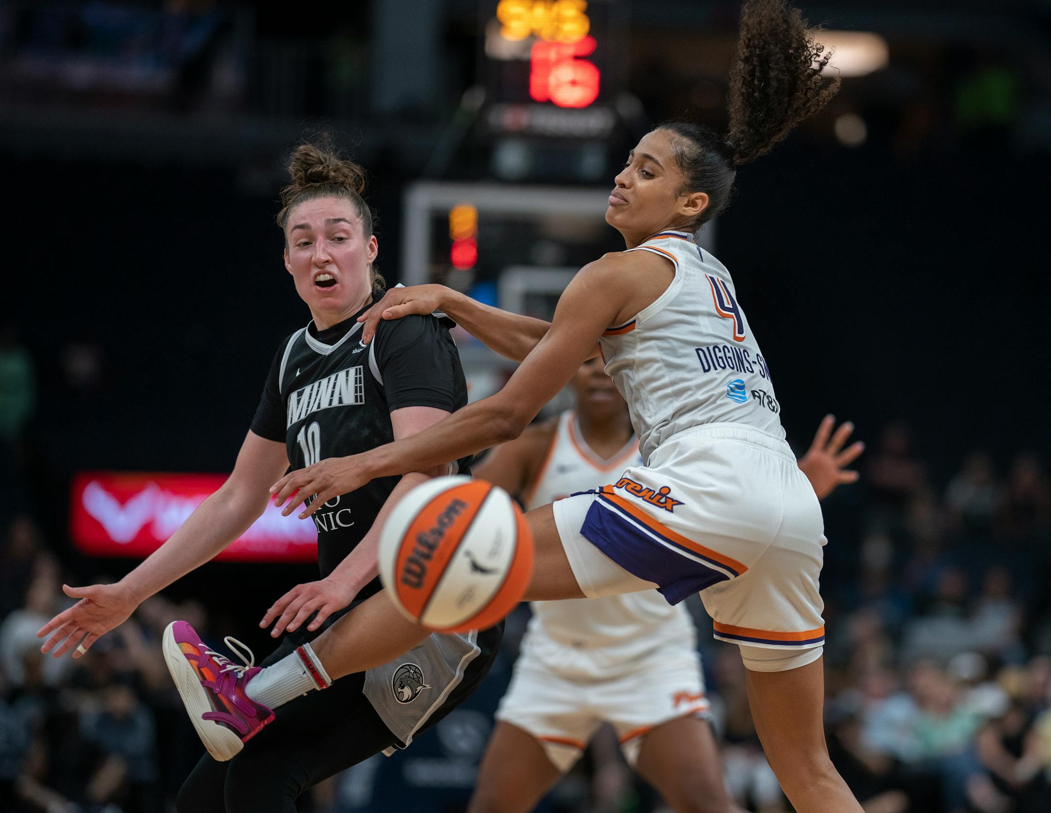 Minnesota Lynx forward Jessica Shepard (10) strips the the ball from Phoenix Mercury guard Skylar Diggins-Smith (4).
