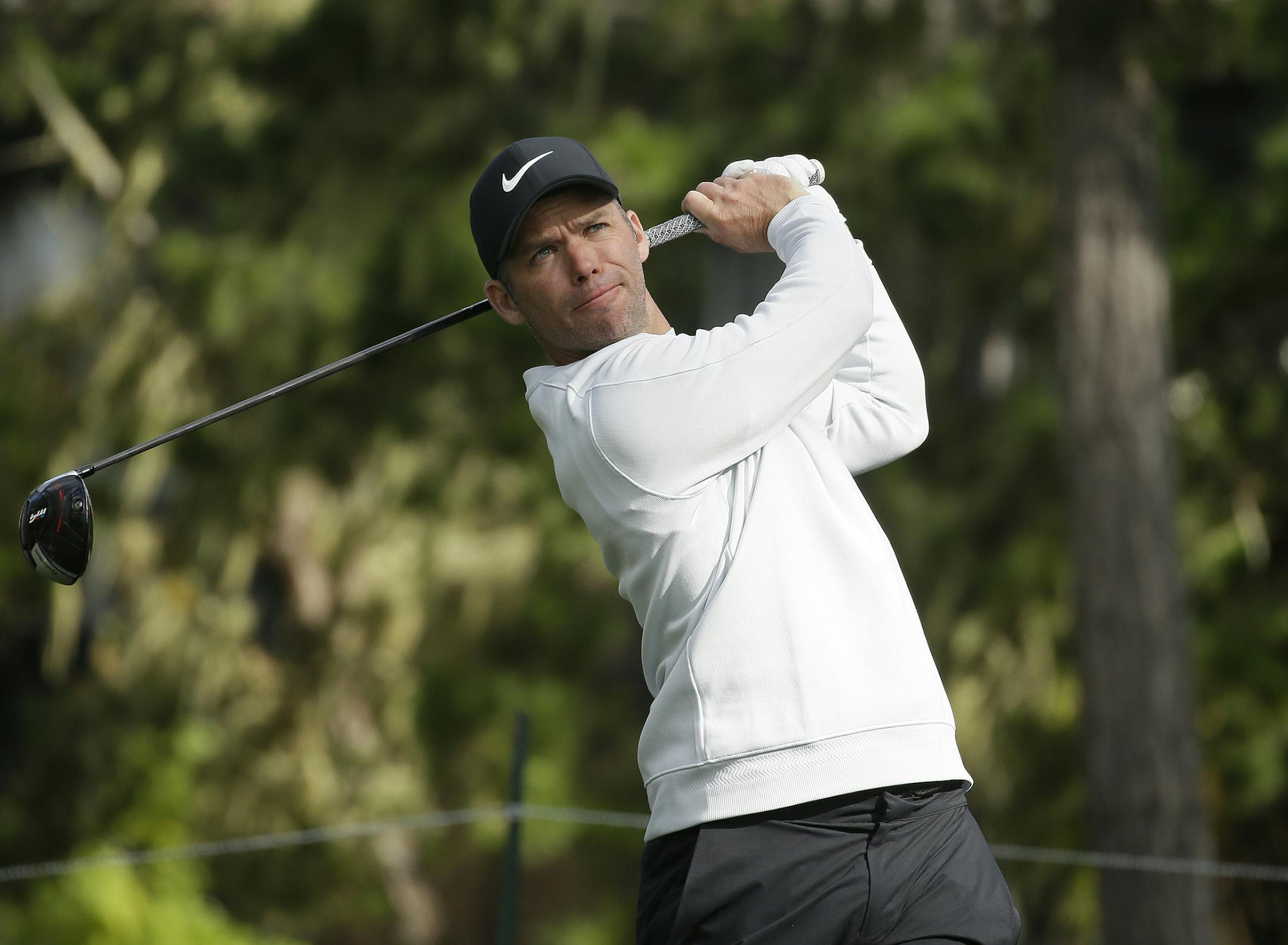 Paul Casey, of England, follows his drive from the 18th tee of the Spyglass Hill Golf Course during the third round of the AT&T Pebble Beach Pro-Am golf tournament, Saturday, Feb. 9, 2019, in Pebble Beach, Calif. (AP Photo/Eric Risberg)