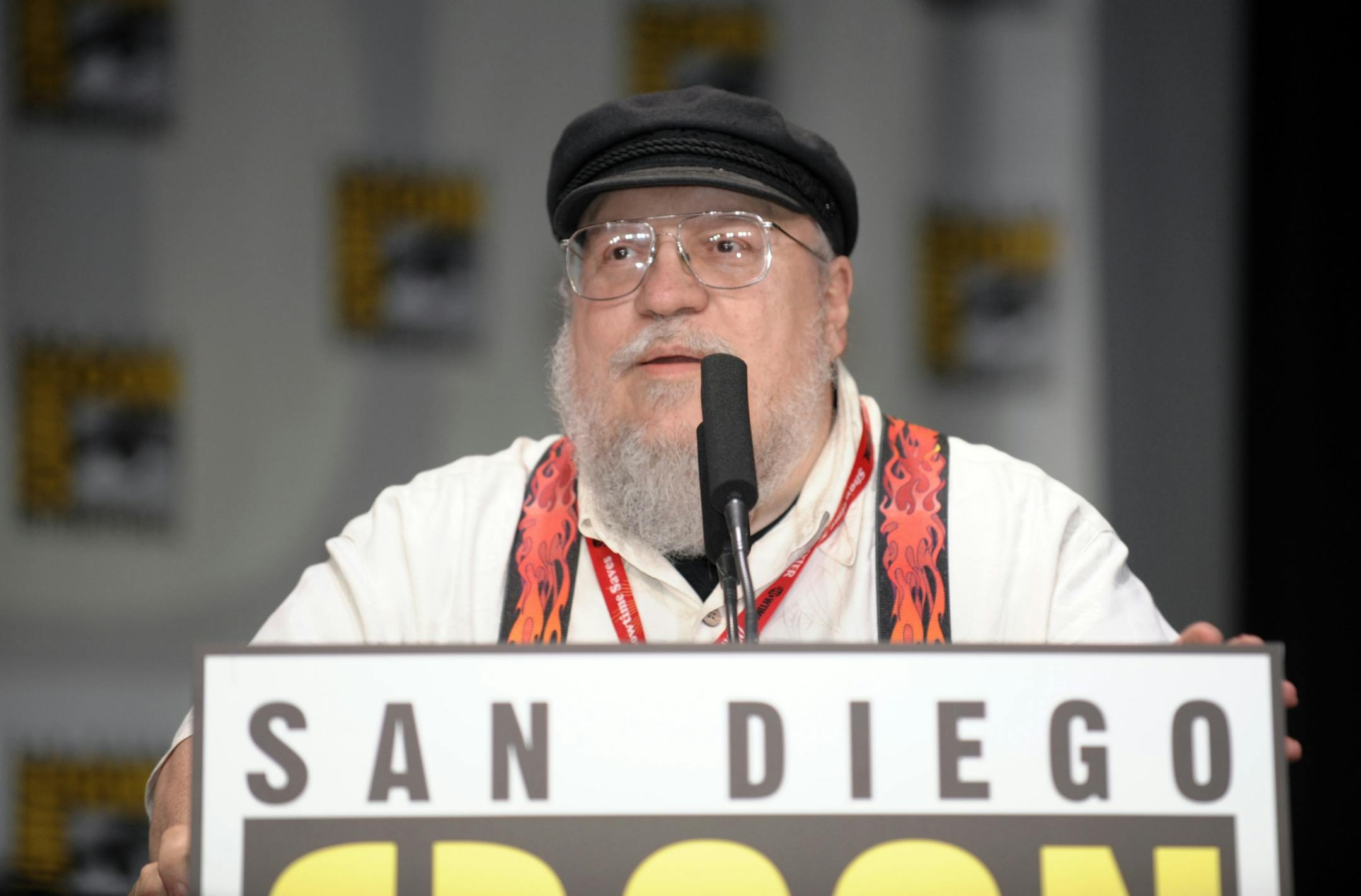 Author George R.R. Martin is shown during a panel at Comic-Con International 2011 in San Diego Thursday, July 21, 2011. Martin's book "A Game of Thrones," was the basis for the Emmy-nominated HBO series "Game of Thrones."