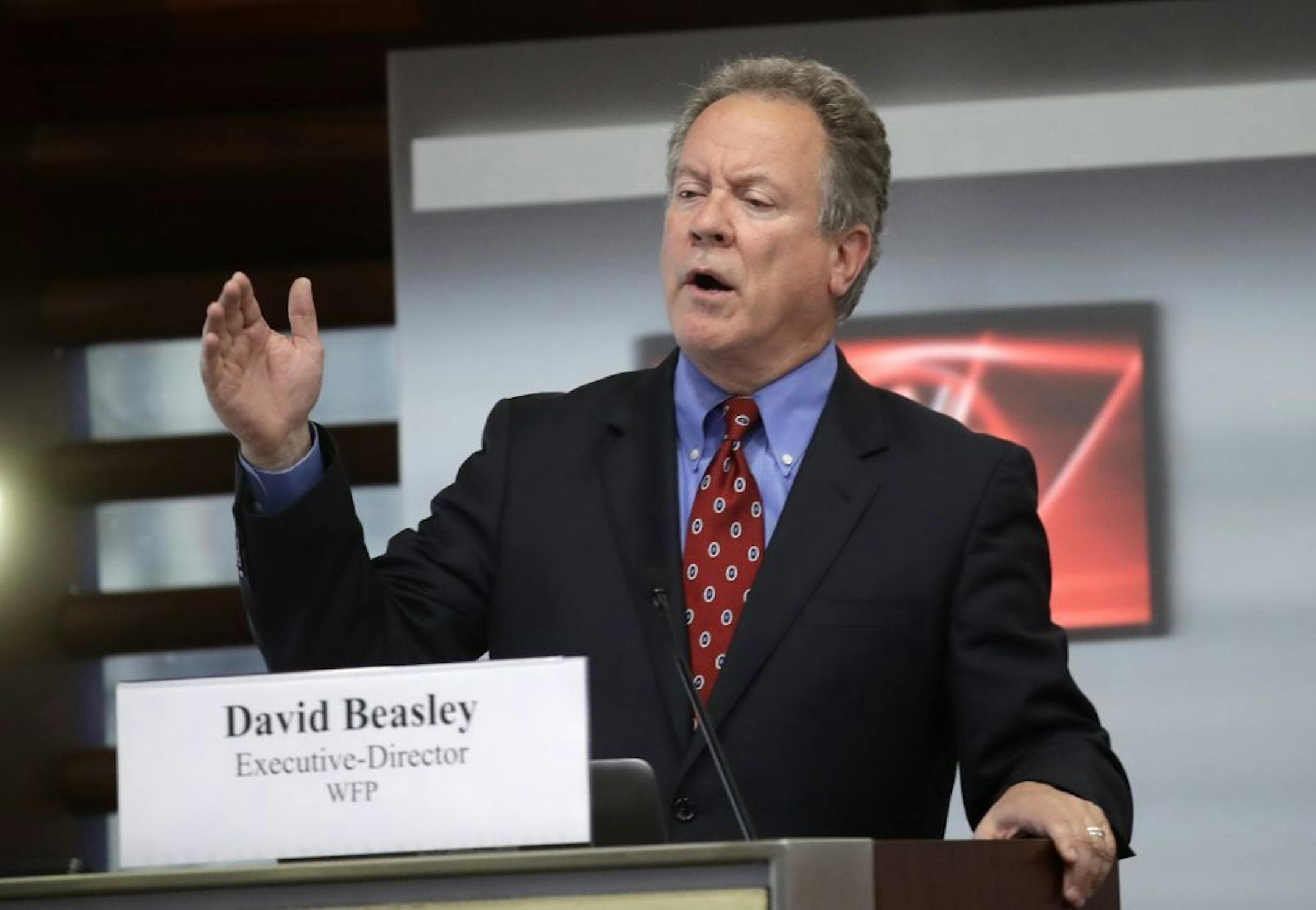 United Nations World Food Program Executive-Director David Beasly speaks during the presentation of an annual report on the state of food security, at the UN Food and Agriculture Organization headquarters, in Rome, Friday, Sept. 15, 2017. The number of chronically hungry people in the world is on the rise again after a decade of declines, the United Nations reported Friday, citing intensifying conflicts, floods and droughts.