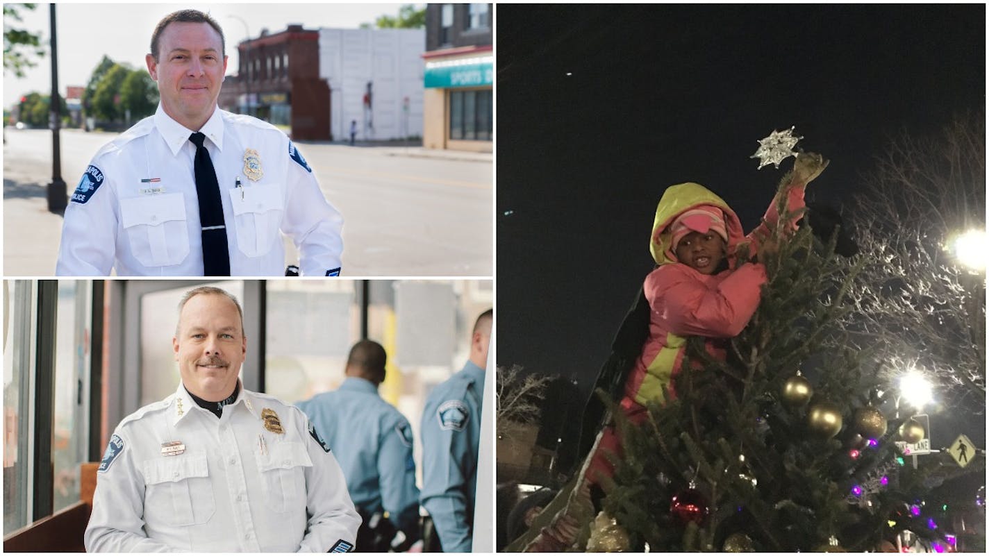 Assistant Chief Mike Kjos, bottom left, will run the station for now after Aaron Biard, top left, was demoted over the Christmas tree controversy at the Fourth Precinct. Right, Blessing Caldwell topped the community Christmas tree (unrelated to the one at the center of the controversy) outside the Fourth Precinct on Saturday.