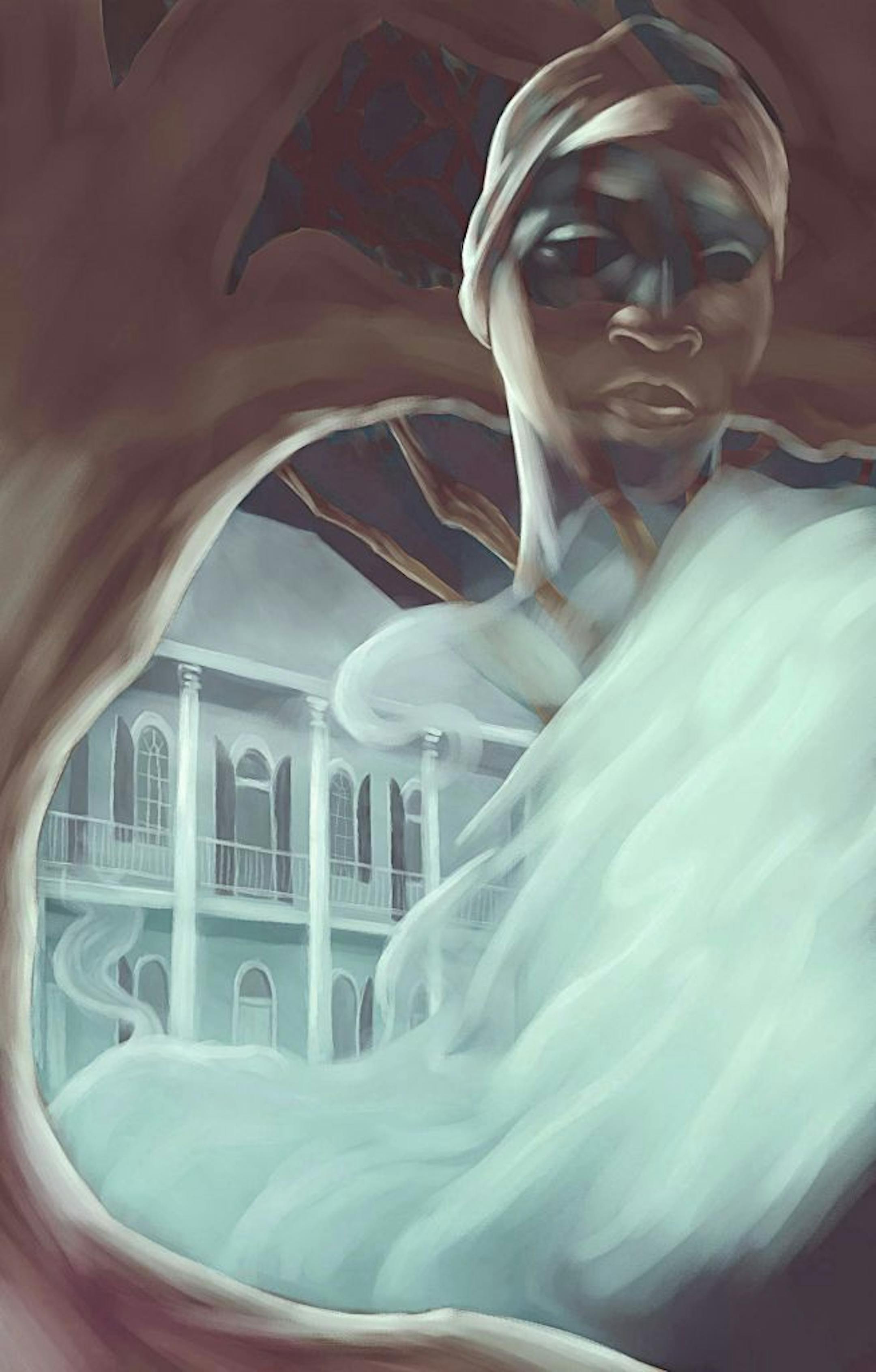 300 dpi 4 col x 12.25 in / 196x311 mm / 667x1058 pixels John T. Valles color illustration of the ghost of a slave emerging from southern plantation house. Fort Worth Star-Telegram 2003 <p> KEYWORDS: krthistory history krtnational national krtfeatures features africano americano aparecido coddington contributed esclavitud esclavo espectro espiritu fantasma ghost grabado haunted illustration ilustracion mujer plantacion plantation slave slavery spirit valles ft contributed krtblackhis black histor