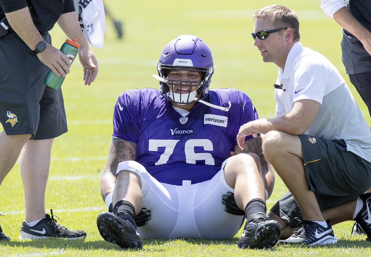 Minnesota Vikings Aviante Collins was look at by trainers during practice Thursday.