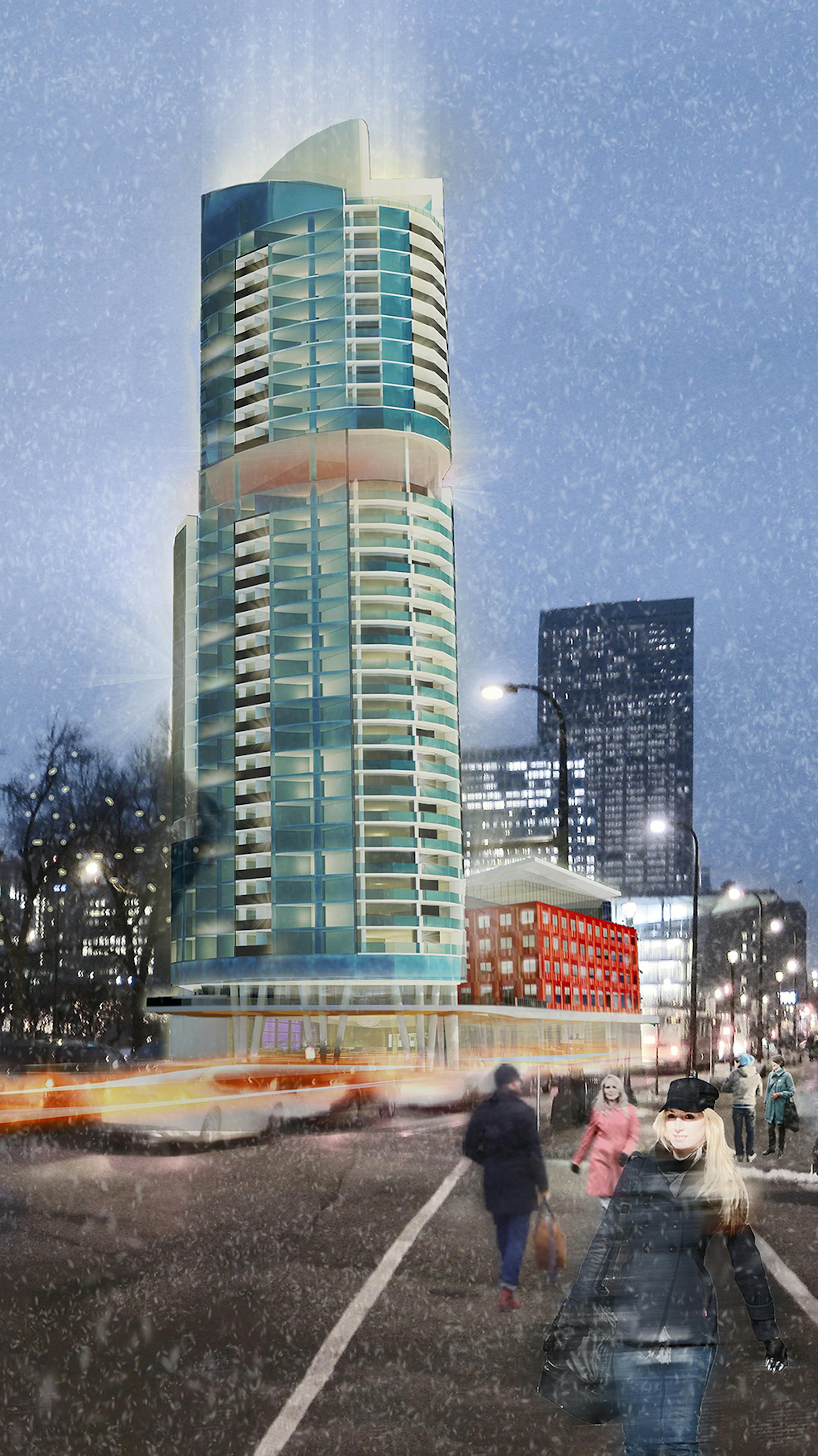 Four local companies submitted proposals to develop a key parcel in downtown Minneapolis known as the Nicollet Hotel Block. This one is courtesy of BKV Group and Doran Development