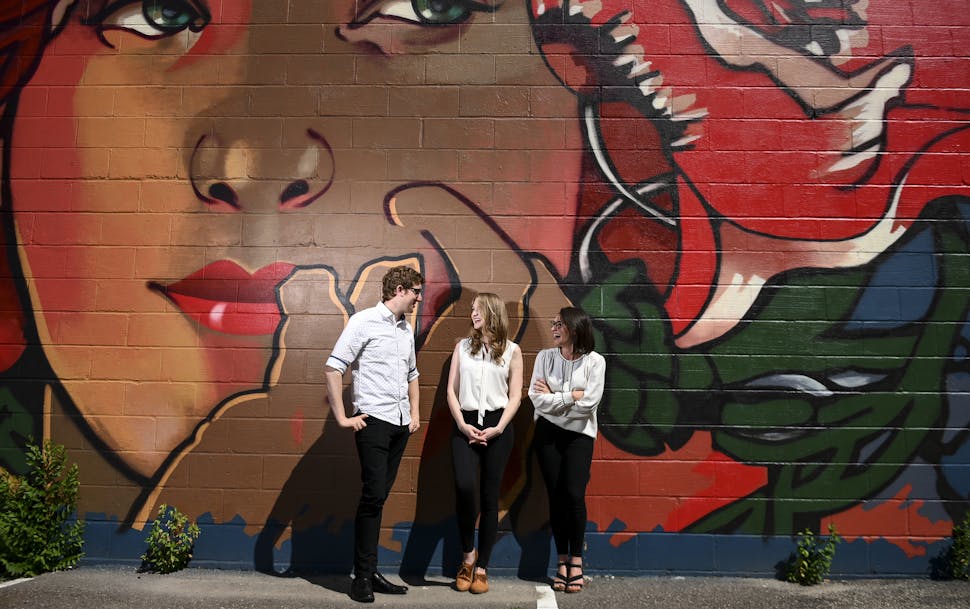 From left, Harrison Wade, Christine Wade and Lindsay Fitzgerald stood for a portrait outside of Theatre Elision in Crystal. ] Aaron Lavinsky ¥ aaron.