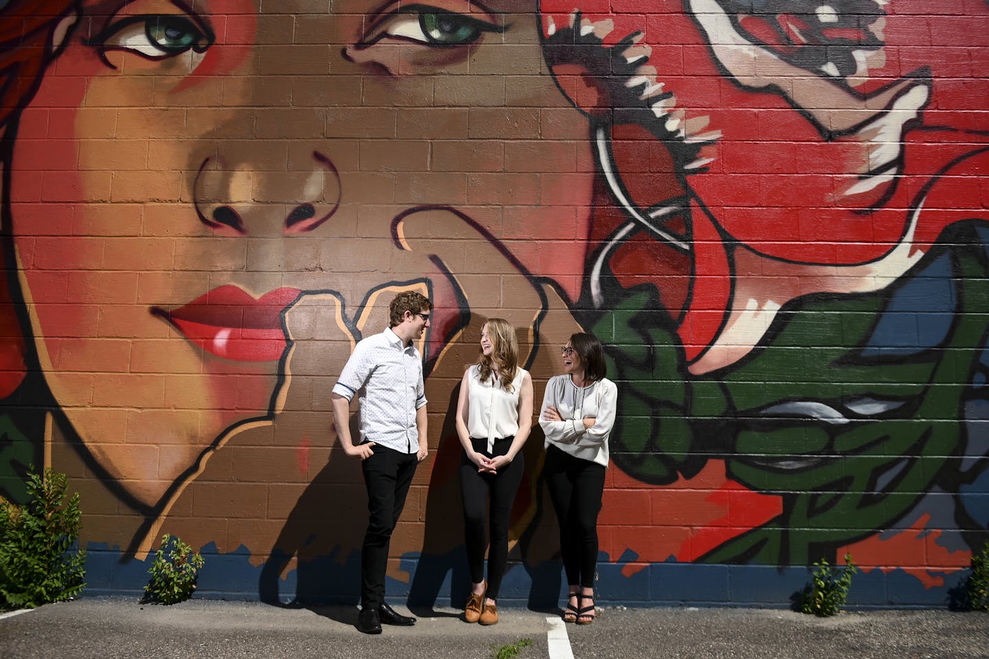 From left, Harrison Wade, Christine Wade and Lindsay Fitzgerald stood for a portrait outside of Theatre Elision in Crystal. ] Aaron Lavinsky ¥ aaron.lavinsky@startribune.com Theatre Elision, which brings its music-centric model to the burbs, transformed an old fabric factory in Crystal into a playhouse and smaller cabaret. We photograph Christine Wade, Harrison Wade and Lindsay Fitzgerald, who run the theater, on Thursday, Aug. 8, 2019 outside the Theatre Elision in Crystal, Minn.