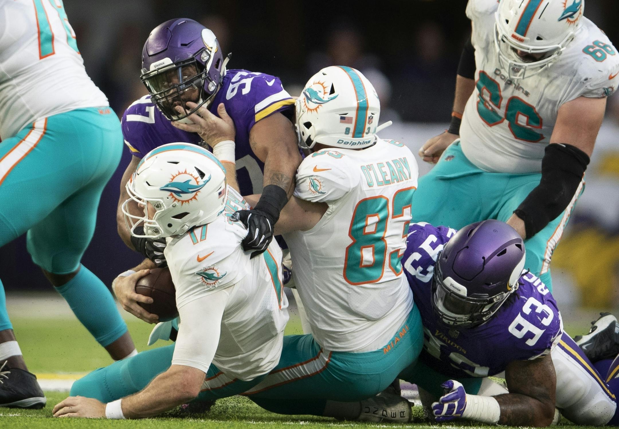 Minnesota Vikings defensive end Everson Griffen (97) sacked Miami Dolphins quarterback Ryan Tannehill (17) late in the forth quarter at U.S. Bank Stadium Sunday December 16, 2018 in Minneapolis, MN.
