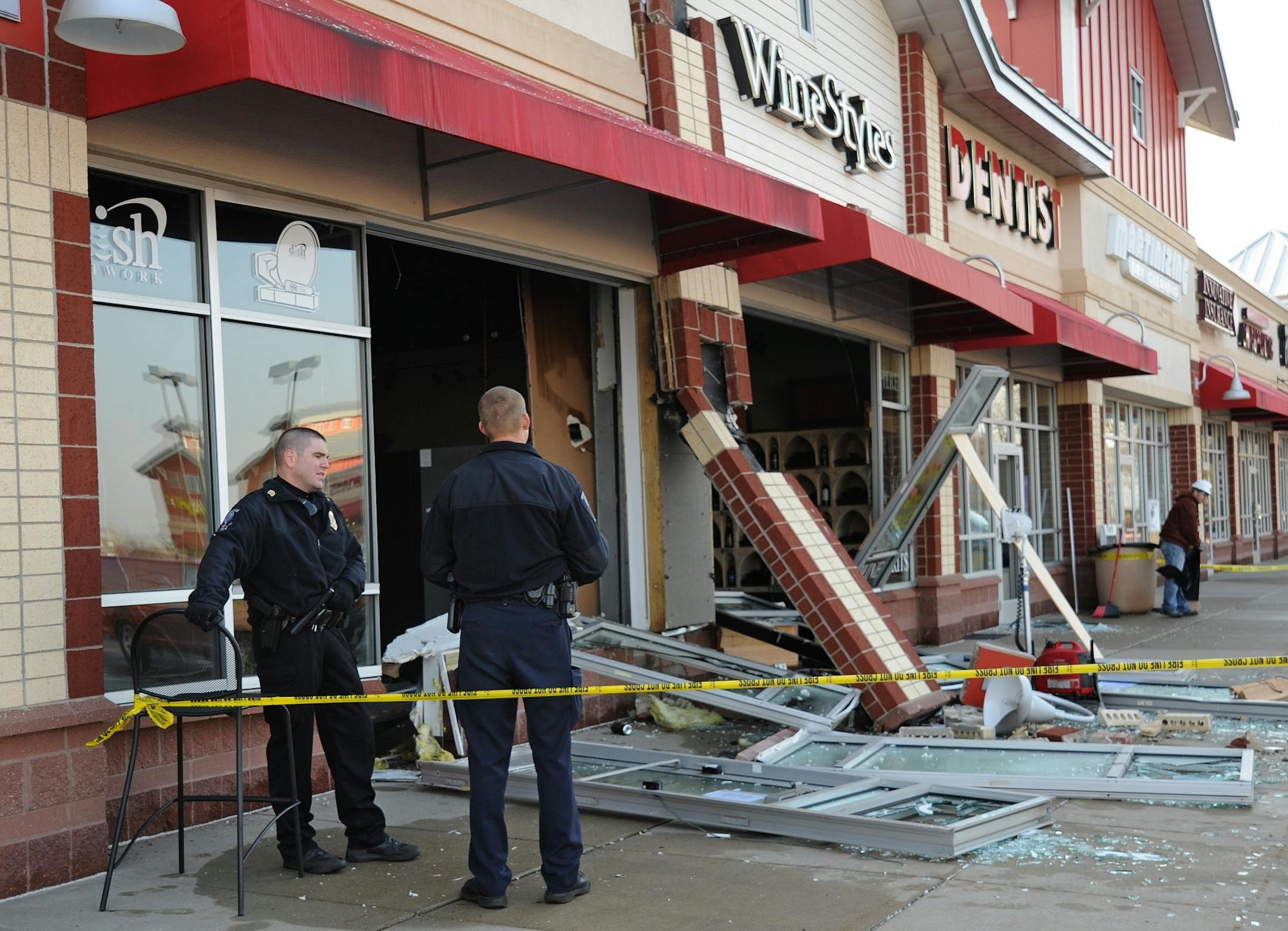 An explosion and fire struck a wine store early Friday in Shakopee, peeling off the front of the business, the store's operator said. Hops and Vines Liquor Emporium, located in a strip mall in the 8000 block of Old Carriage Court, was closed at the time and no one was inside when the explosion occurred about 3:30 a.m., said operator Amy Freiberg.