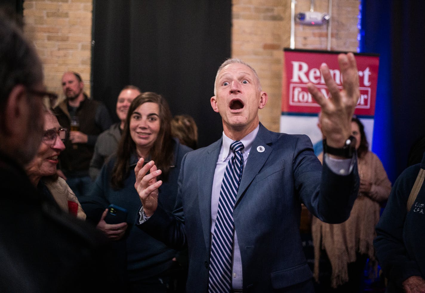 Mayoral candidate Roger Reinert greeted supporters at his election party at Clyde in Duluth, Minn., on Tuesday, Nov. 7, 2023. ] RICHARD TSONG-TAATARII • richard.tsong-taatarii @startribune.com