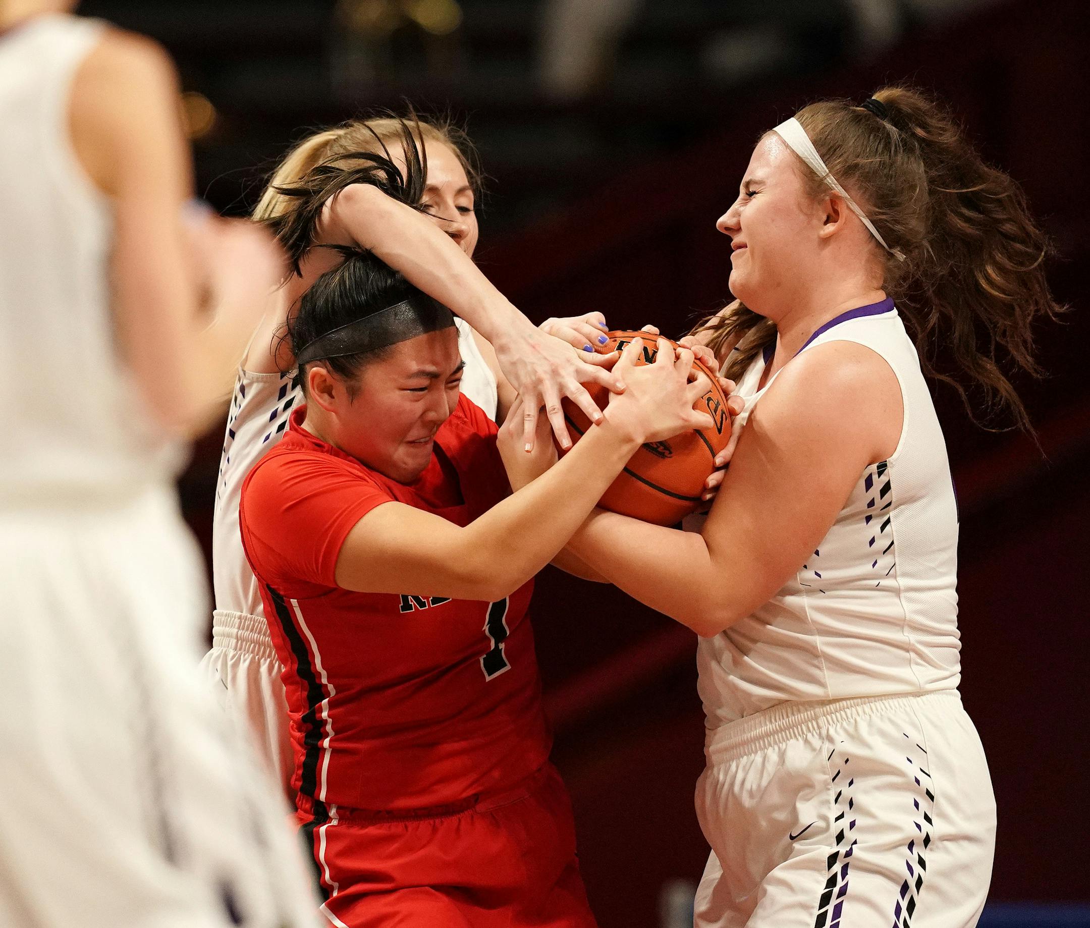 Minnehaha guard Tanna Gallo (1) fought Albany center Breanna Mellesmoen (22) and guard Amanda Kollodge (3) for the ball in the first half. ] ANTHONY SOUFFLE • anthony.souffle@startribune.com Albany High School played Minnehaha Academy in a MSHSL Class 2A semifinal girls' basketball game Friday, March 15, 2019 at Williams Arena in Minneapolis.
