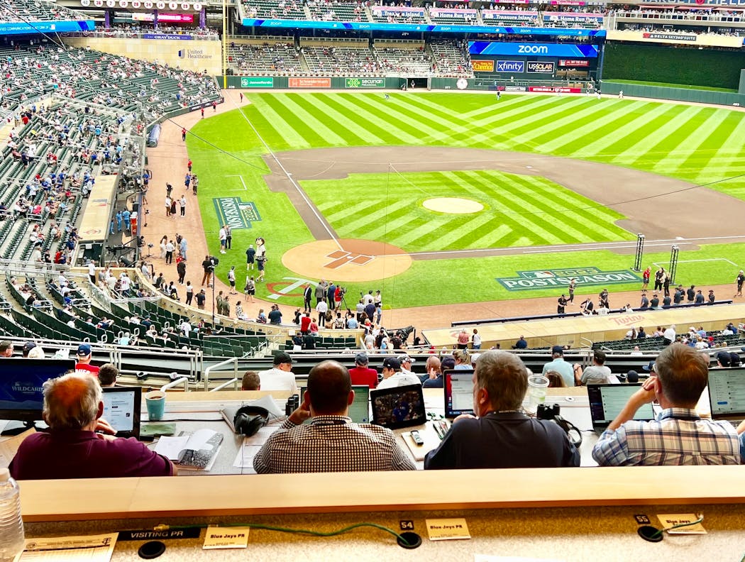 Part of the Star Tribune’s coverage team at a recent Twins playoff game took their seats in the press box’s front row.