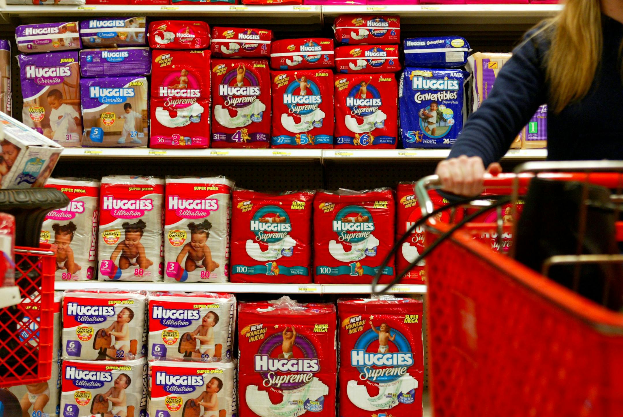 Huggies diapers made by Kimberly-Clark Corp. are displayed on a shelf at a Target store in Dallas, Texas, on Monday morning, January 26, 2004. Kimberly-Clark, the largest U.S. maker of diapers, said fourth-quarter profit climbed 24 percent, more than forecast, helped by newer products such as Huggies Convertibles and currency gains. Photographer: Huy Nguyen/Bloomberg News