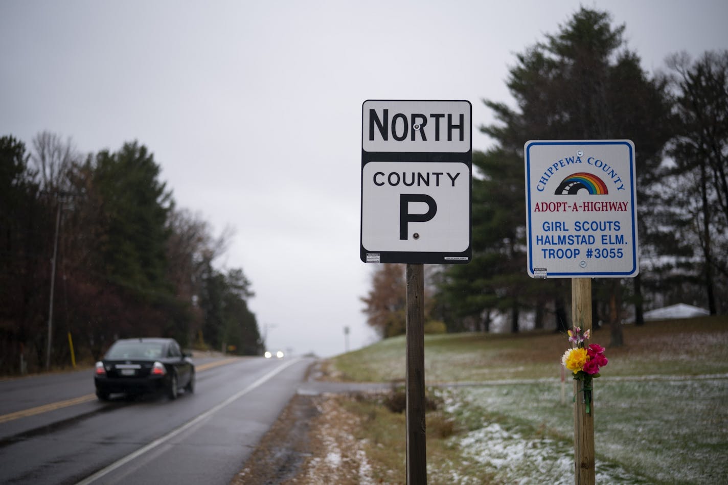 In November 2018, a bouquet of flowers was attached to the sign denoting the stretch of highway that had been "adopted" by Girl Scout Troop 3055.