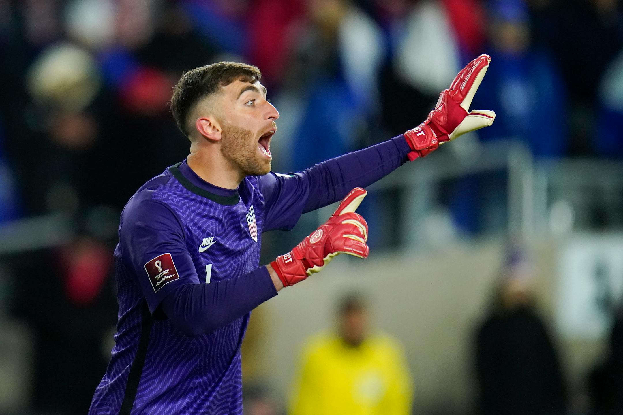 FILE - United States goalkeeper Matt Turner talks to teammates during the second half of a FIFA World Cup qualifying soccer match against El Salvador, Thursday, Jan. 27, 2022, in Columbus, Ohio. U.S. coach Gregg Berhalter sidestepped a question on whether he would be comfortable starting Zack Steffen, Matt Turner or Ethan Horvath in goal at the World Cup if they aren't playing regularly for their Premier League clubs.(AP Photo/Julio Cortez, File)