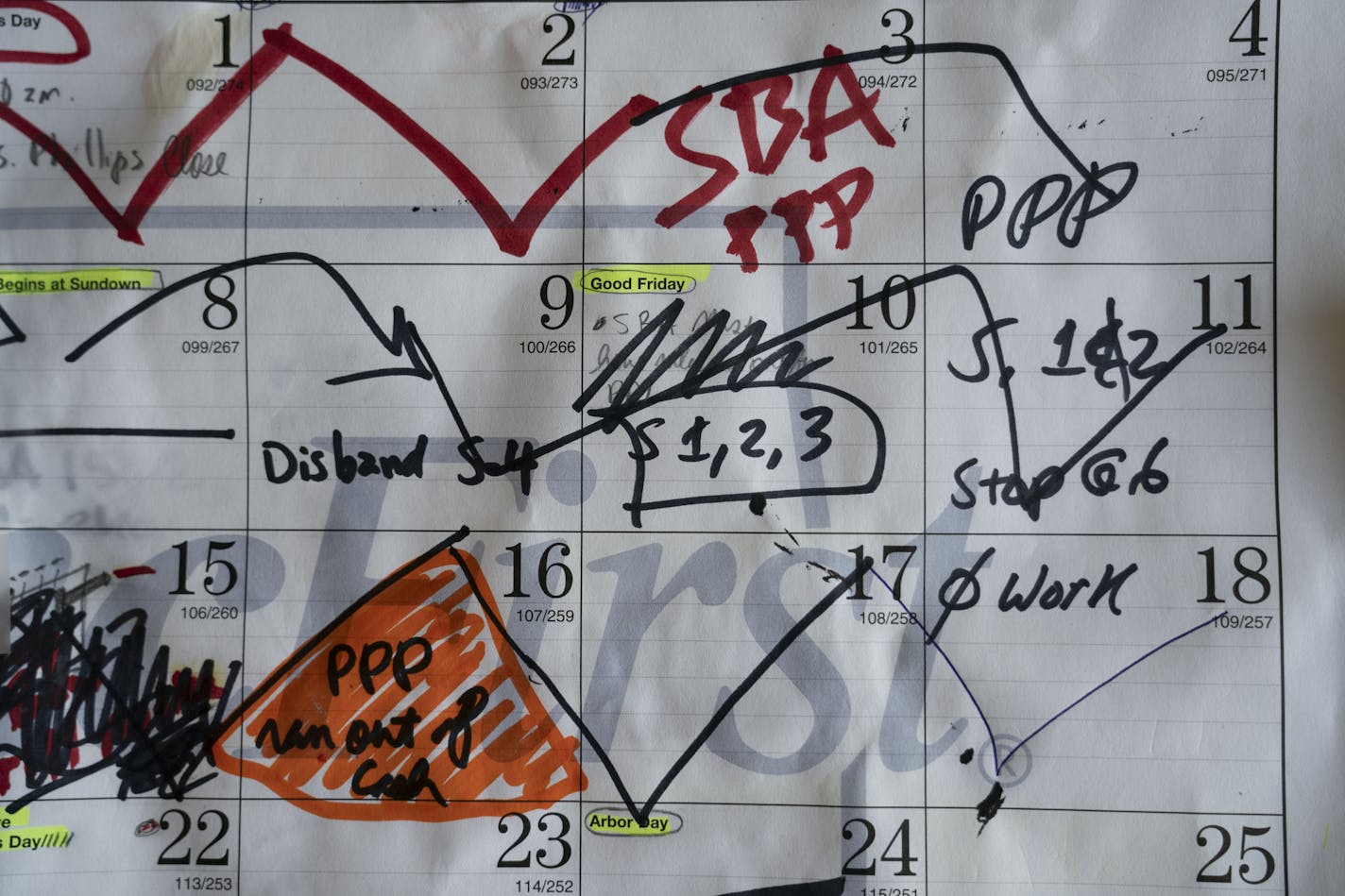 A calendar at BancFirst, which set up a war room running around the clock to process small-business aid applications, in Moore, Okla, April 25, 2020. The Paycheck Protection Program distributed $349 billion in less than two weeks, but lenders and borrowers confronted confusion at every step. (Nick Oxford/The New York Times)