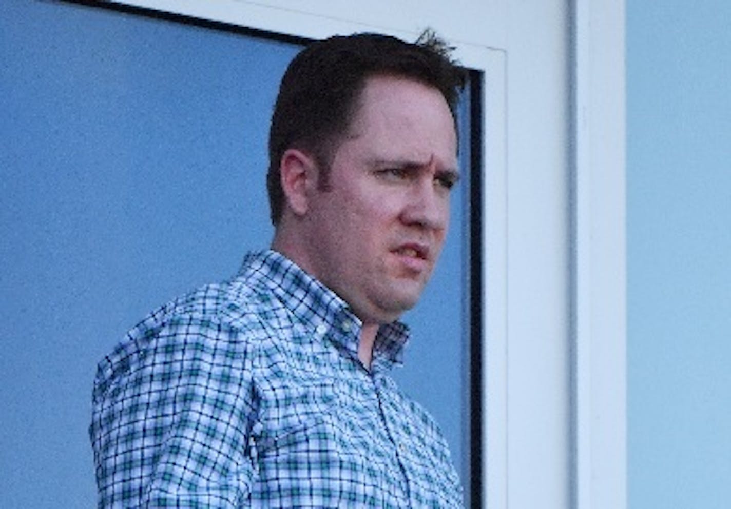 Twins Chief Baseball Officer Derek Falvey watched a recent game against Tampa Bay from the deck of his office at Hammond Stadium in Fort Myers, Fla.