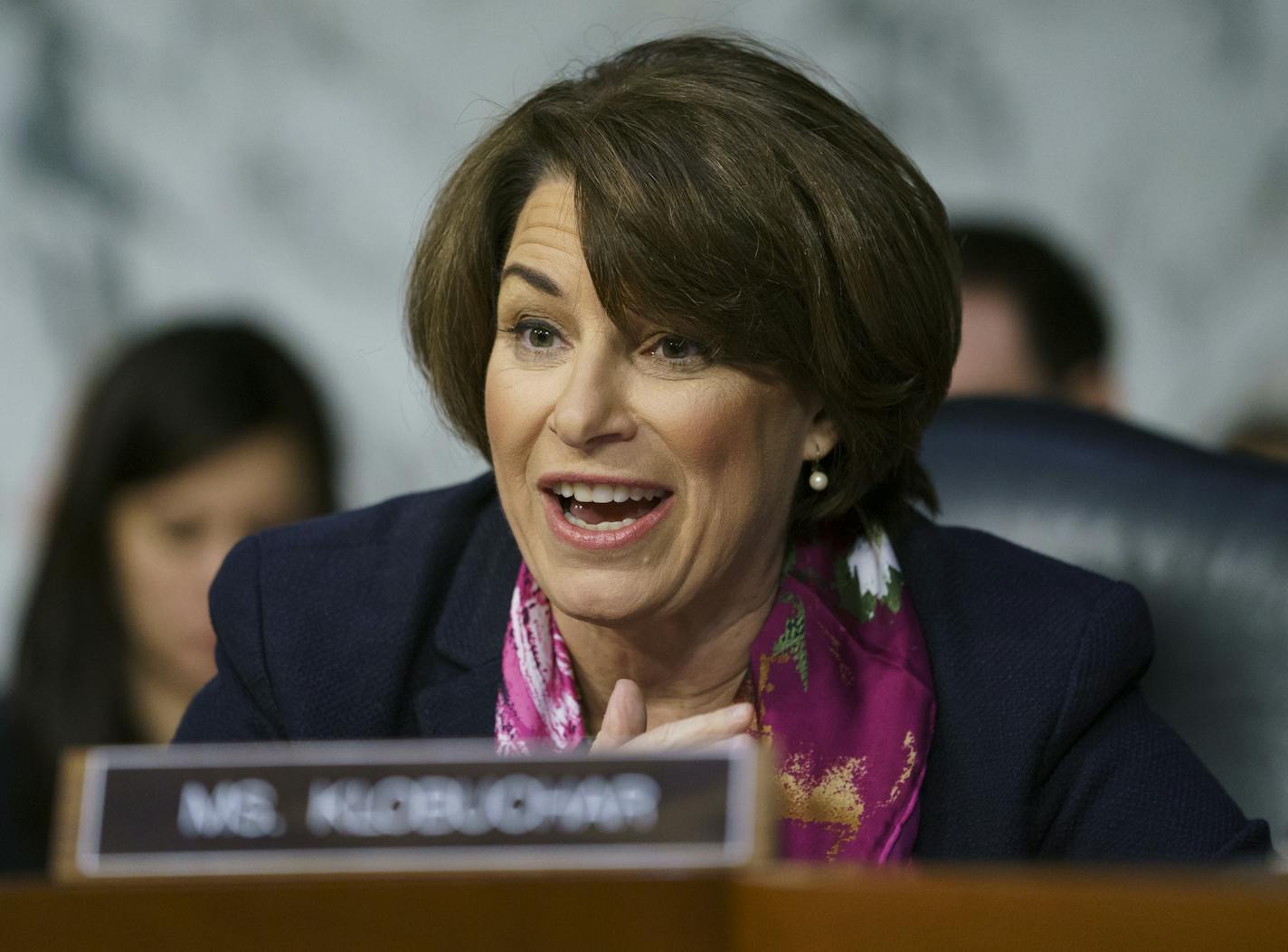 Senate Judiciary Committee member Sen. Amy Klobuchar, D-Minn., questions Attorney General nominee William Barr during a Senate Judiciary Committee hearing on Capitol Hill in Washington, Tuesday, Jan. 15, 2019. (AP Photo/Carolyn Kaster)