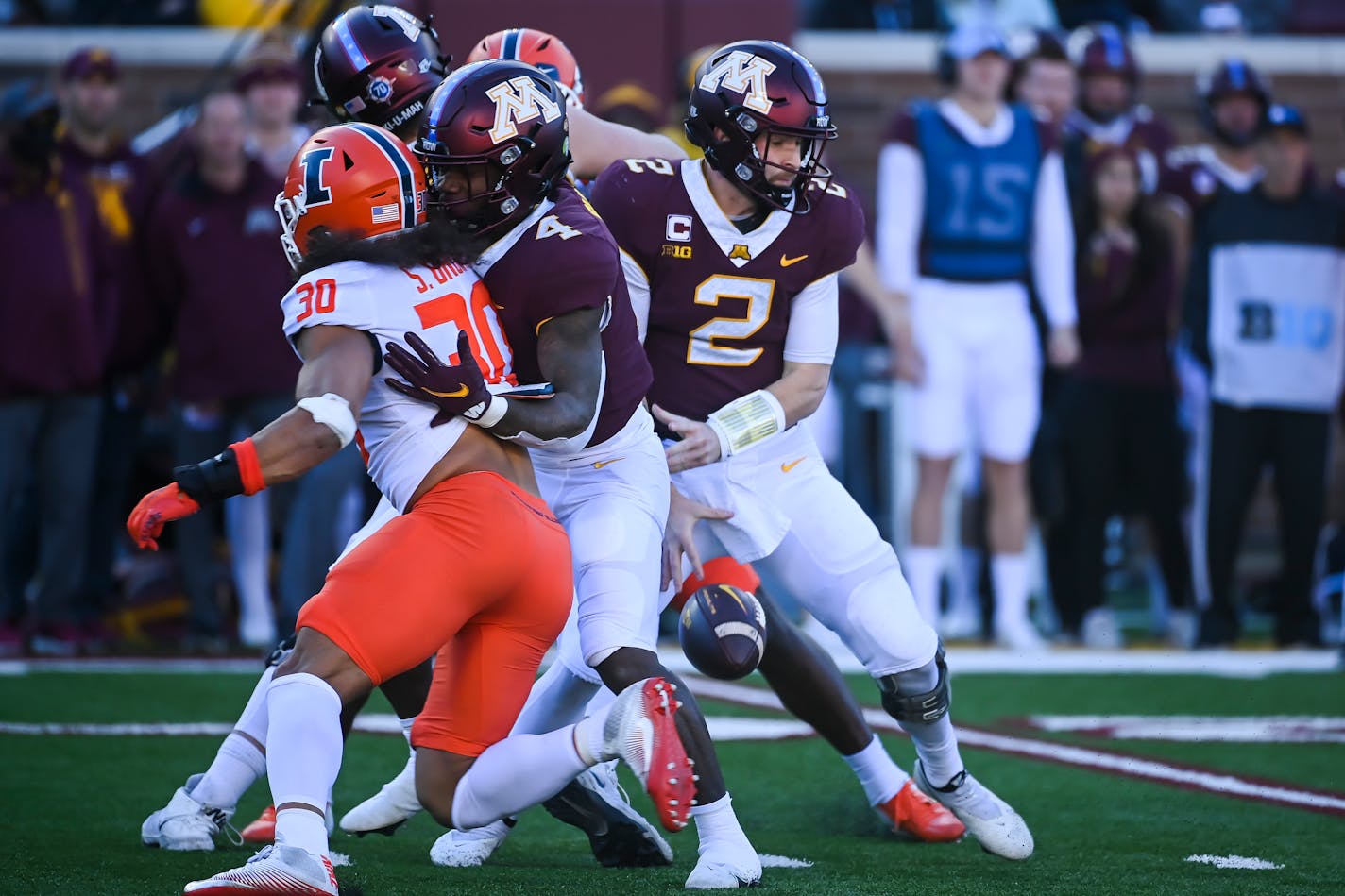 Gophers quarterback Tanner Morgan fumbled the ball as he attempted to fake a handoff to running back Mar'Keise Irving