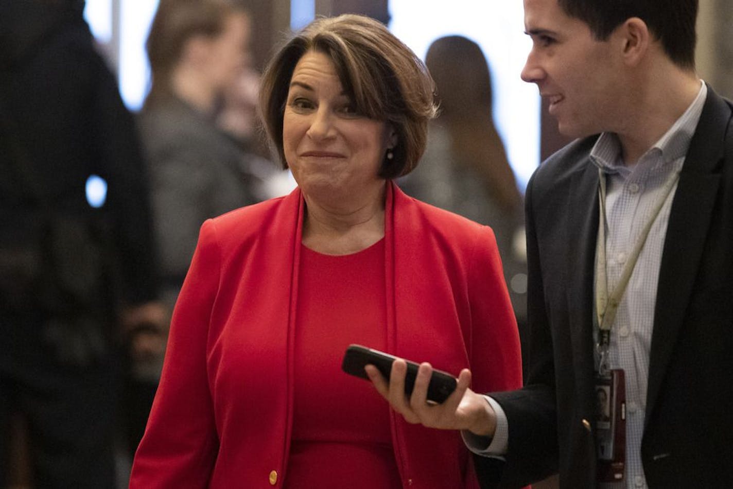 Sen. Amy Klobuchar, D-Minn., arrives on Capitol Hill, Monday, Feb. 3, 2020 in Washington.