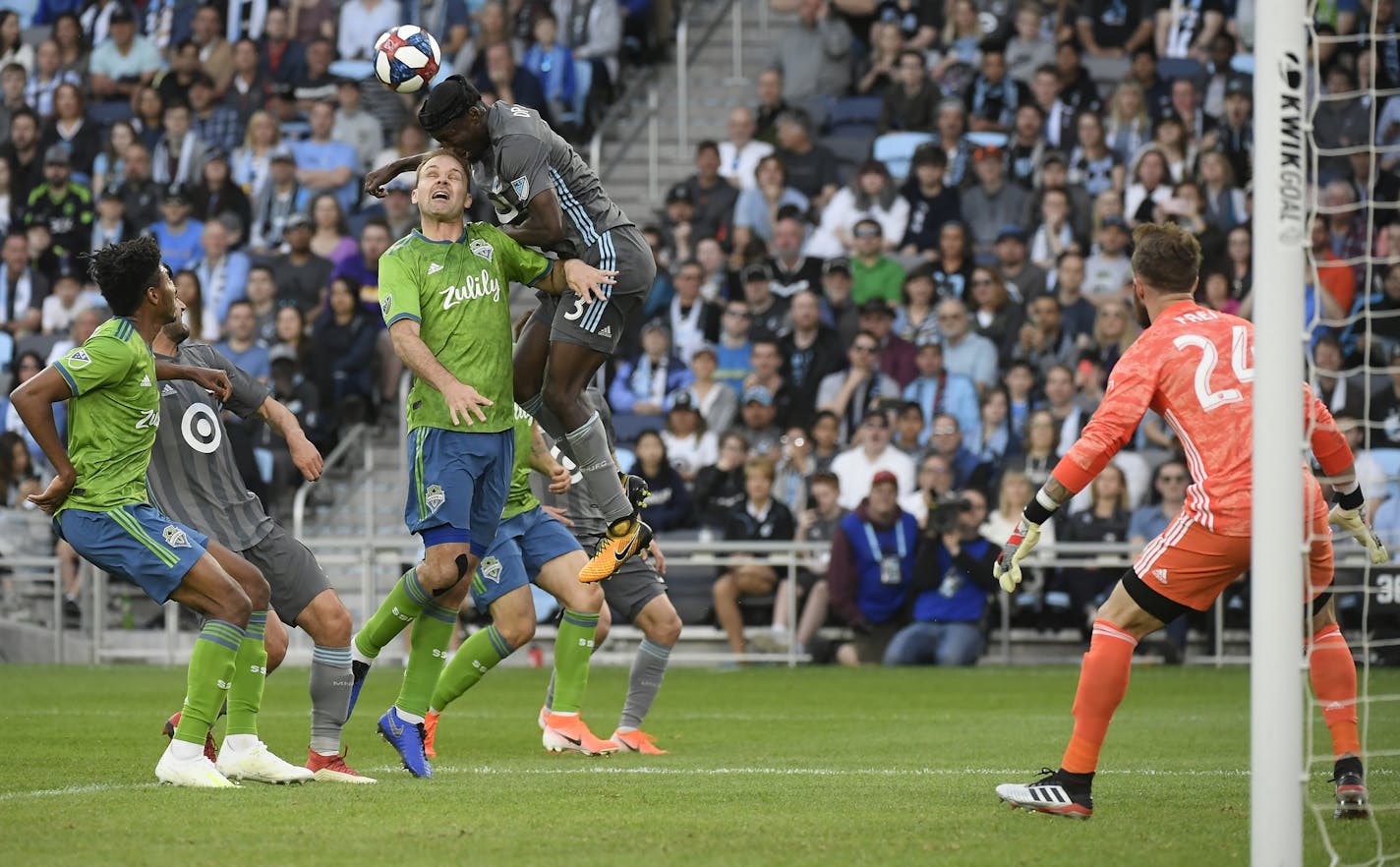 Minnesota United defender Ike Opara (3) scored a goal off a header as he collided with Seattle Sounders defender Chad Marshall (14) in the first half. ] Aaron Lavinsky &#xa5; aaron.lavinsky@startribune.com Minnesota United FC played the Seattle Sounders on Saturday, May 4, 2019 at Allianz Field in St. Paul, MInn.