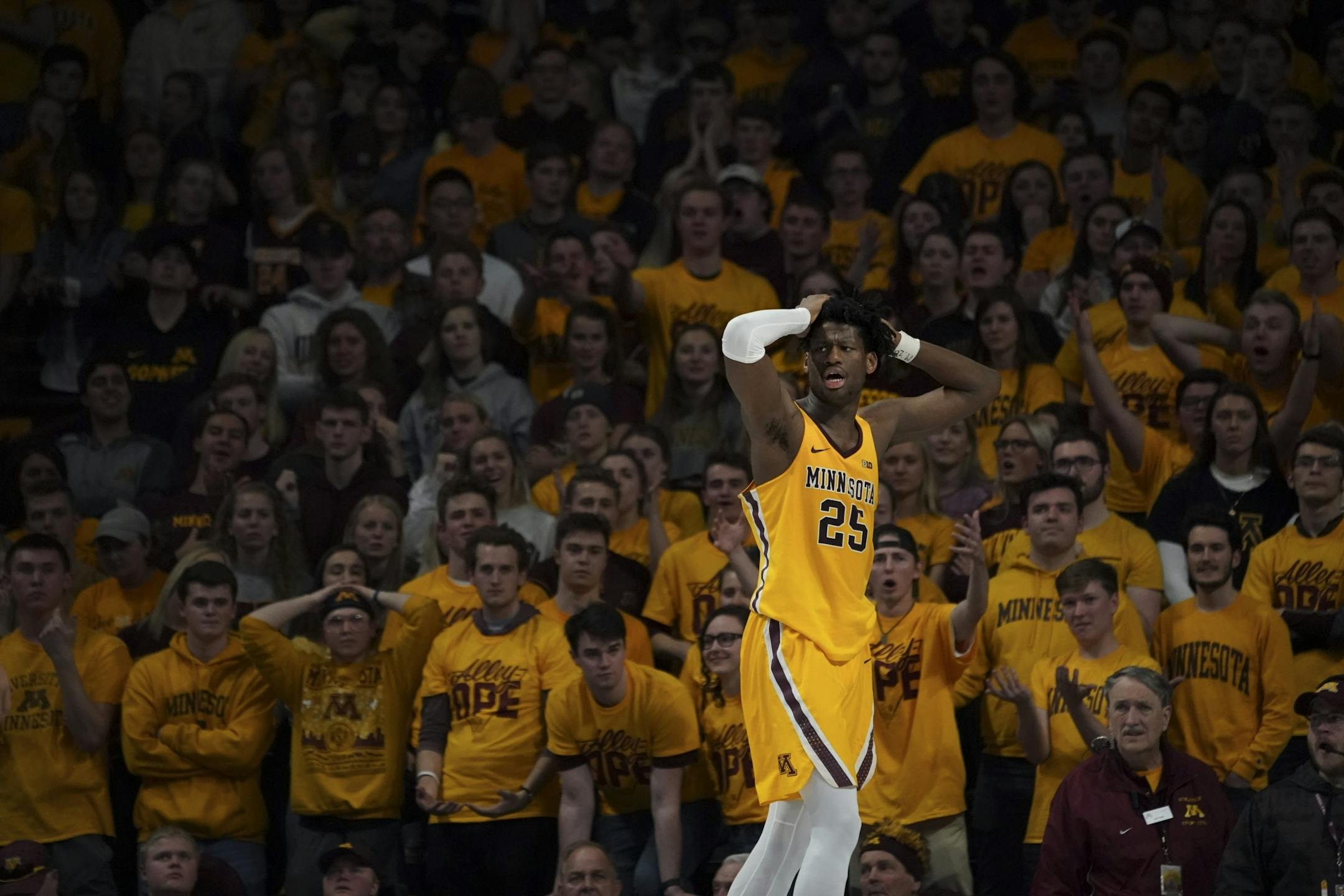 Minnesota Gophers center Daniel Oturu (25) reacted after he fouled out in the second half.